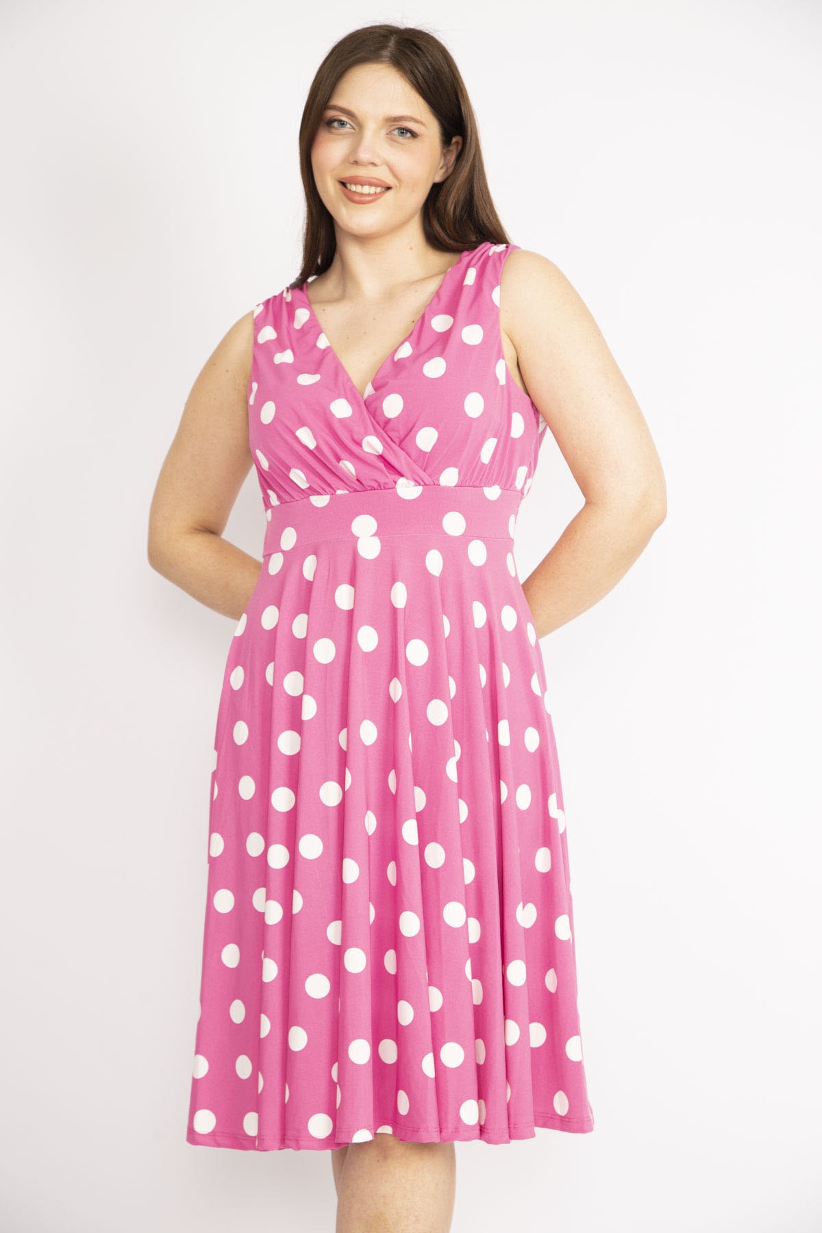 Şans Women's Pink Plus Size Collar Pointed Patterned Dress