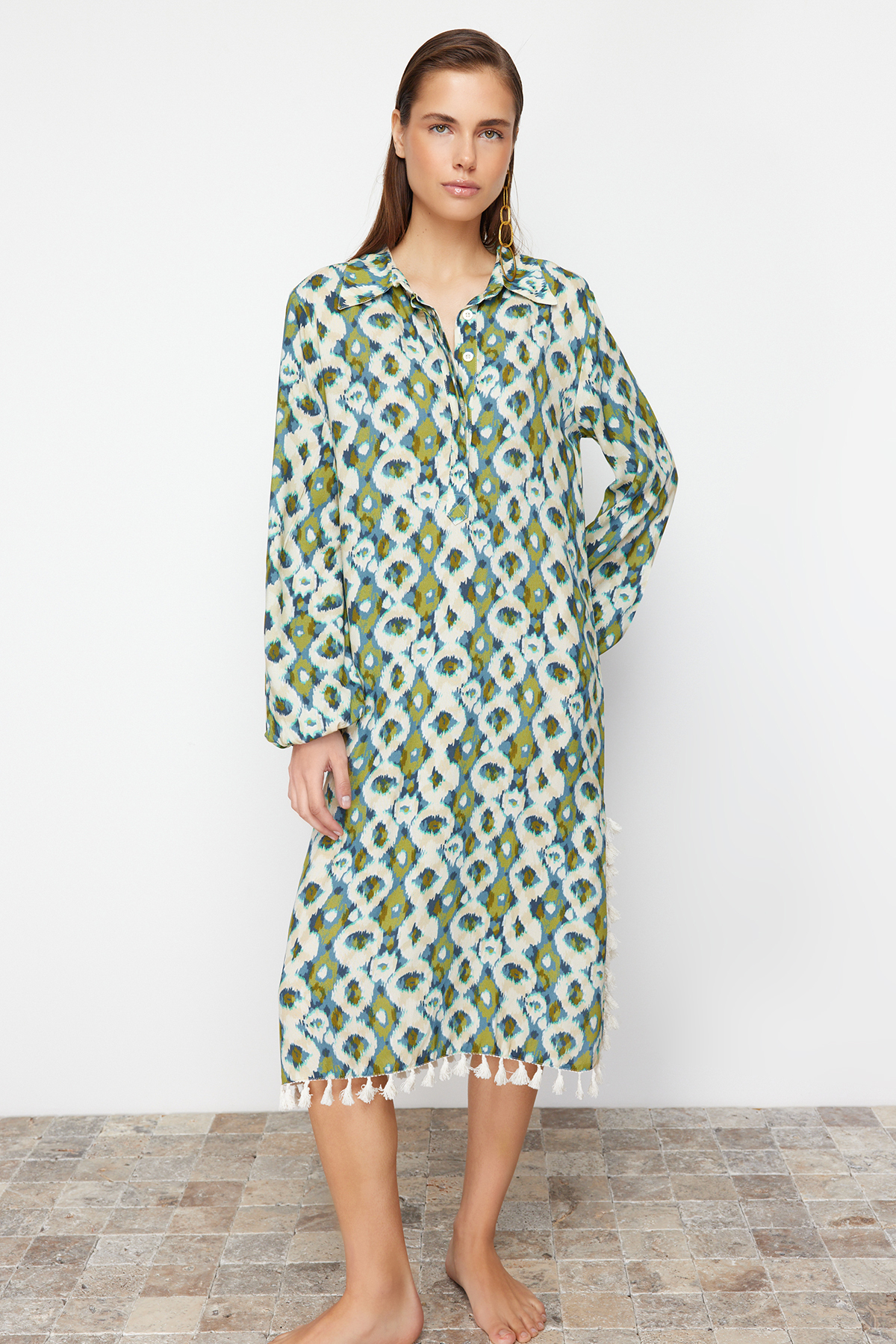 Trendyol Geometric Patterned Maxi Woven Tassel Beach Dress