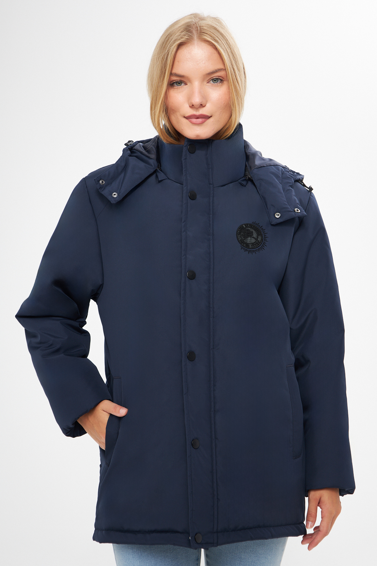 Levně River Club Women's Navy Blue Camouflage Hooded Water And Windproof Winter Coat & Parka