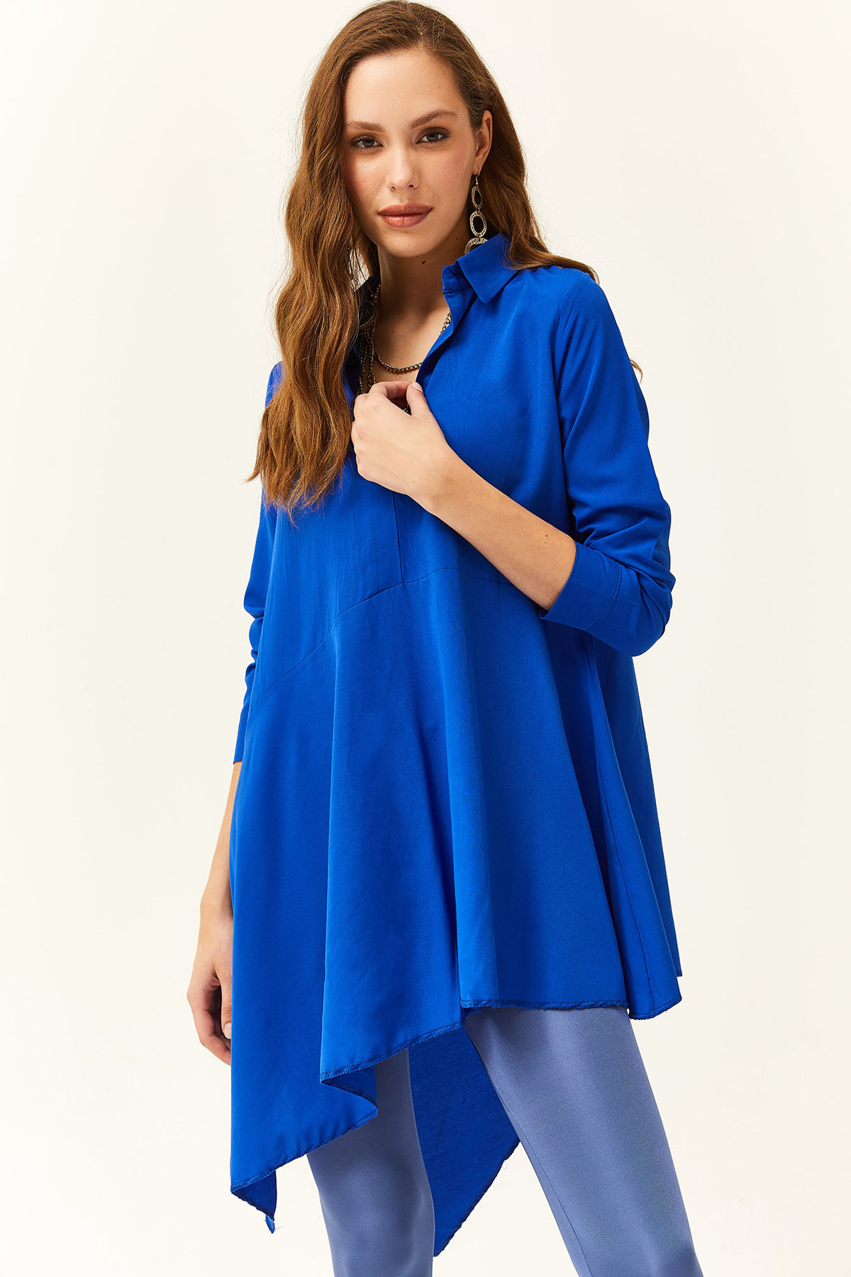 Olalook Women's Saxe Blue Shirt Collar Asymmetric Tunic