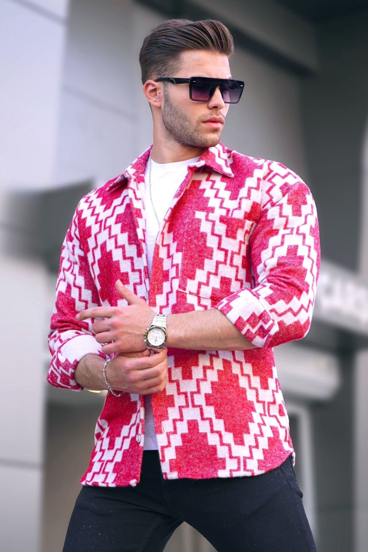 Levně Madmext Red Geometric Pattern Lumberjack Shirt T5575