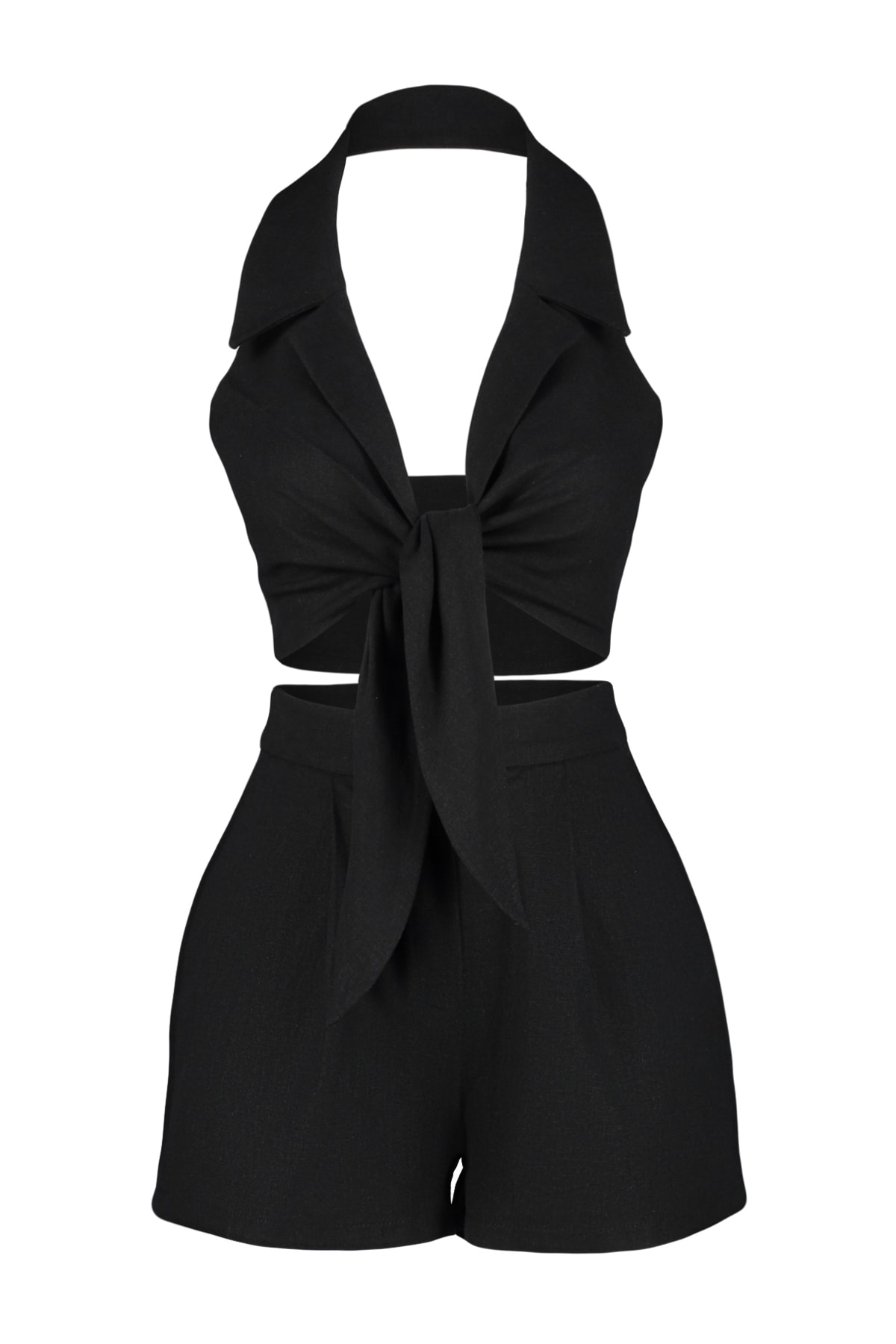 Trendyol Black Woven Tie Blouse and Shorts Set