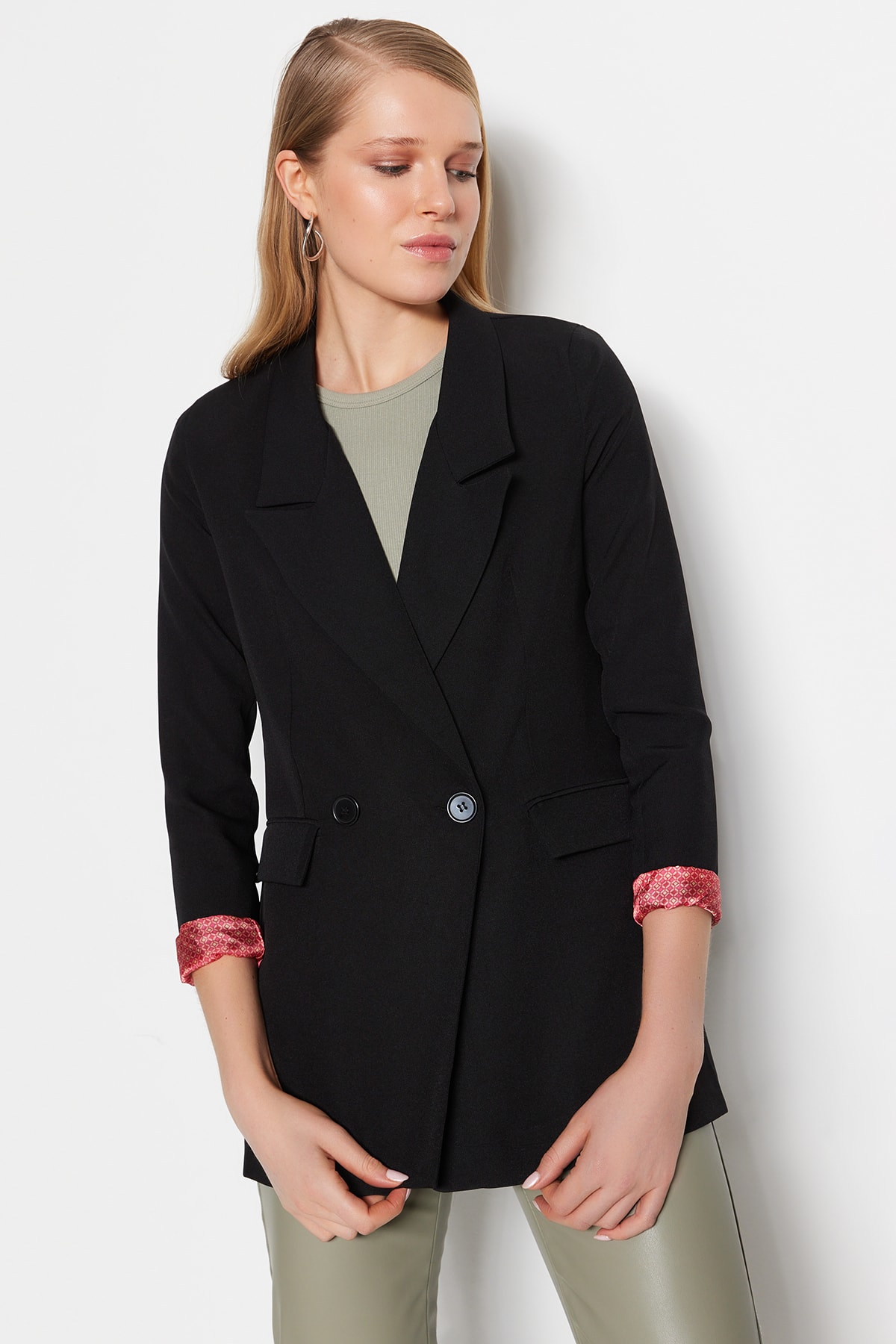Levně Trendyol Black Oversized Woven Lined Double Breasted Blazer with Closure
