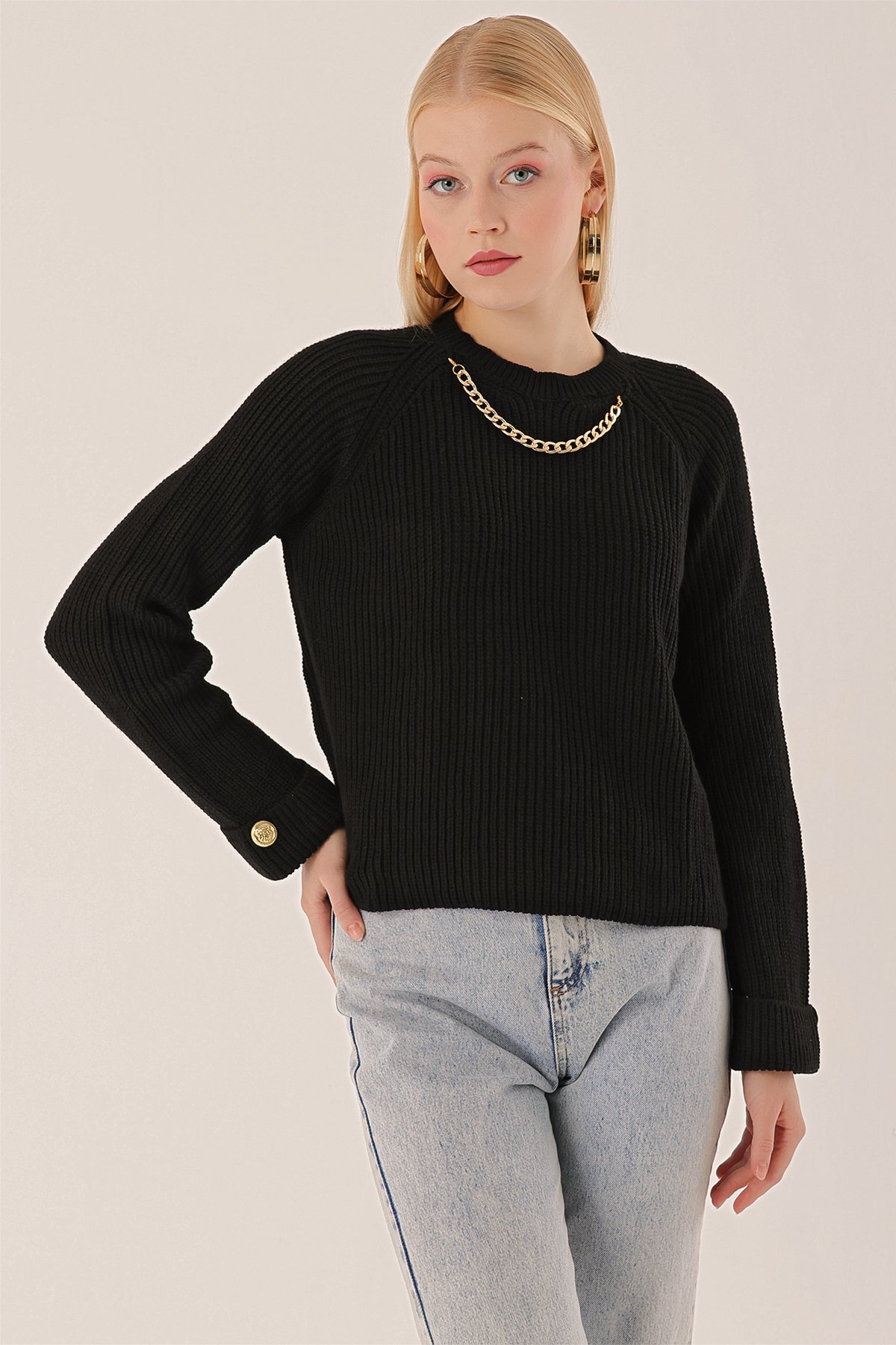 Levně HAKKE Chain Detail Buttoned Knitwear Sweater