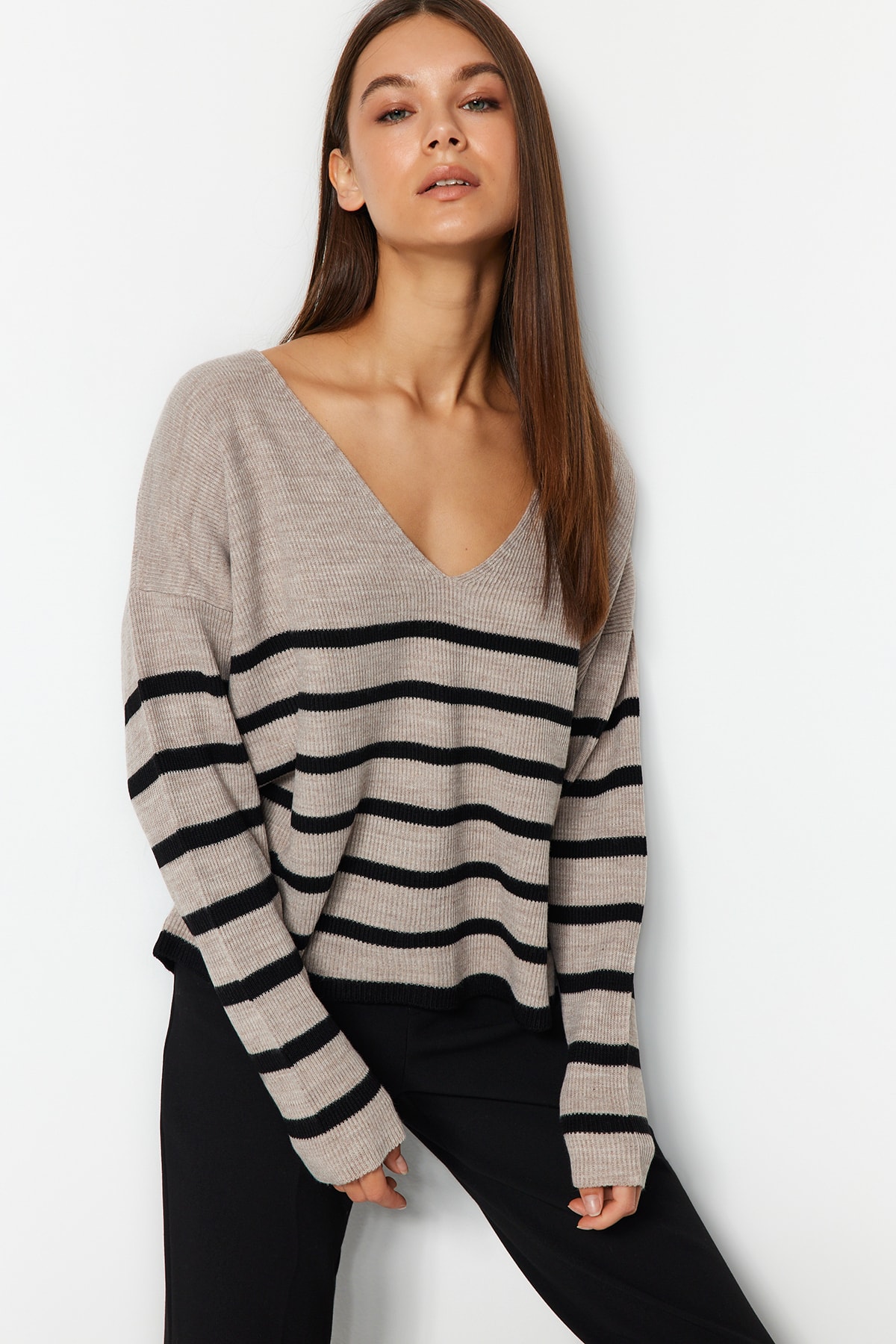 Trendyol Mink Super Wide Fit Striped Knitwear Sweater