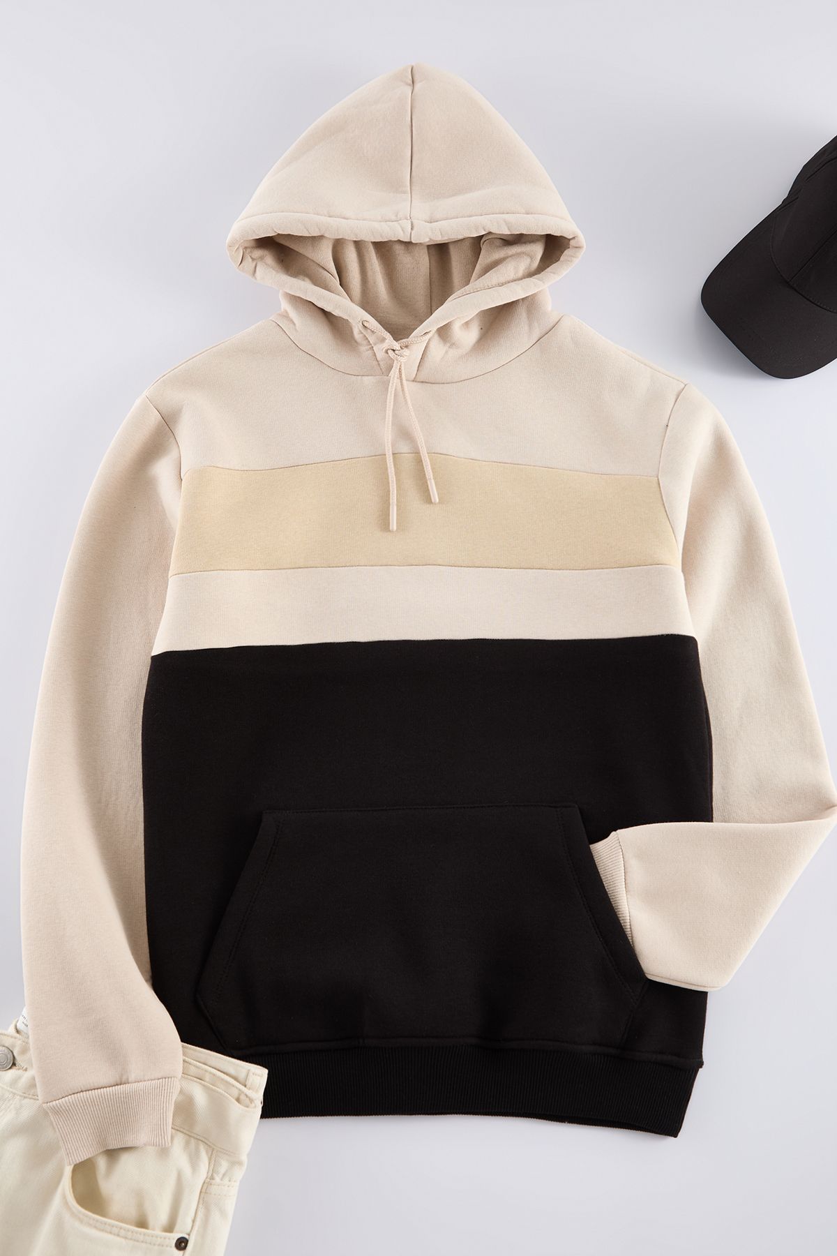 Trendyol Black Regular Cut Color Block Hooded Fleece Inside Sweatshirt