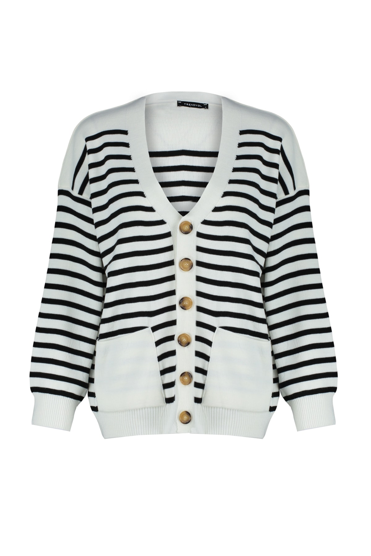 Trendyol Ecru Midi Striped Knitwear Cardigan
