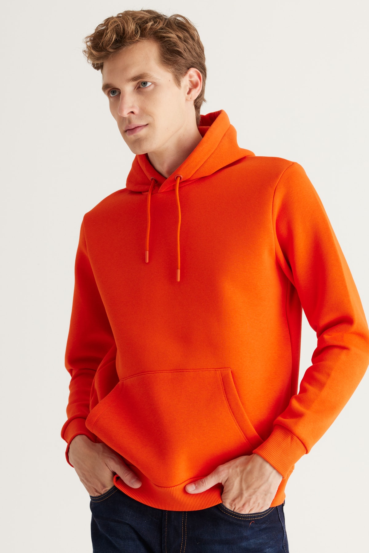 AC&Co / Altınyıldız Classics Men's Orange Standard Fit Regular Cut Fleece 3 Thread Hooded Cotton Sweatshirt