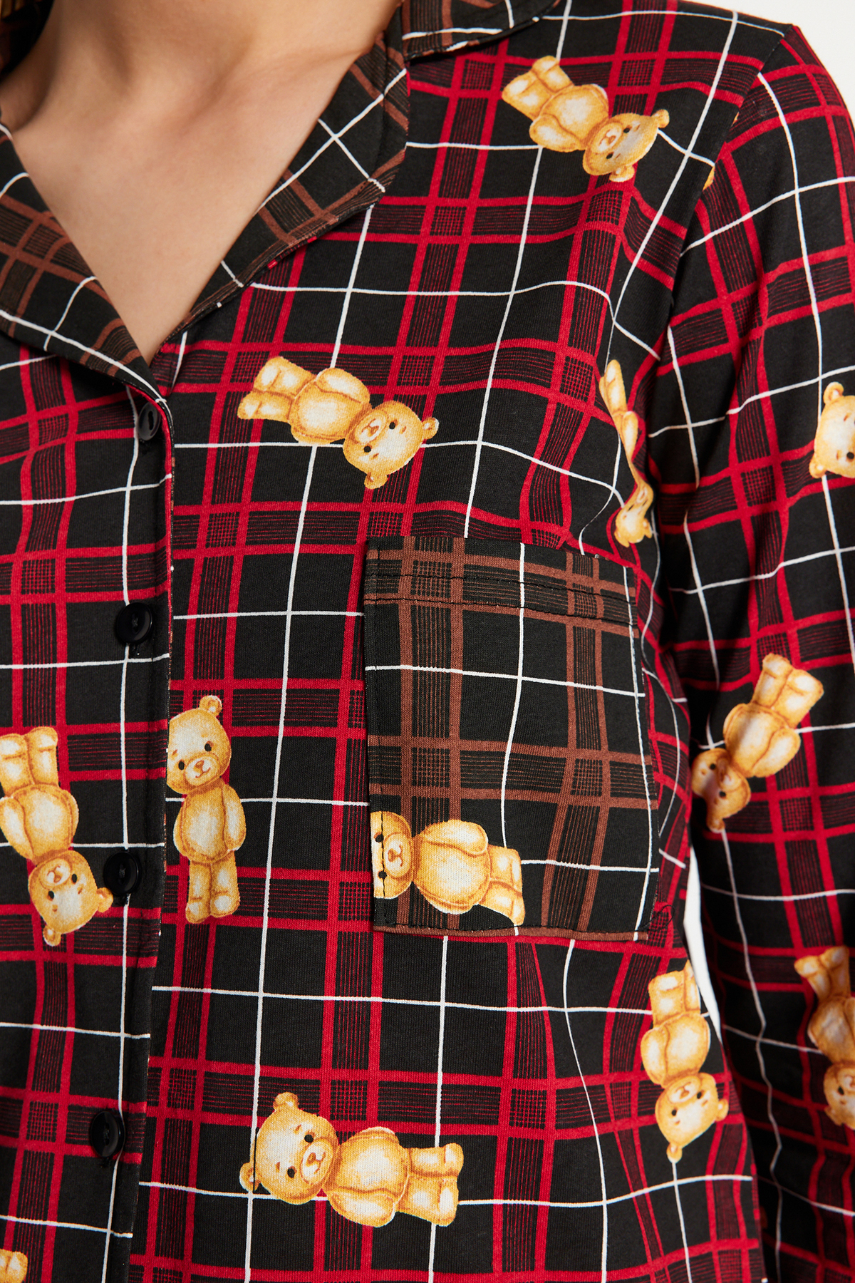 Trendyol Multicolor 100% Cotton Teddy Bear Plaid Shirt-Pants Knitted Pajama Set