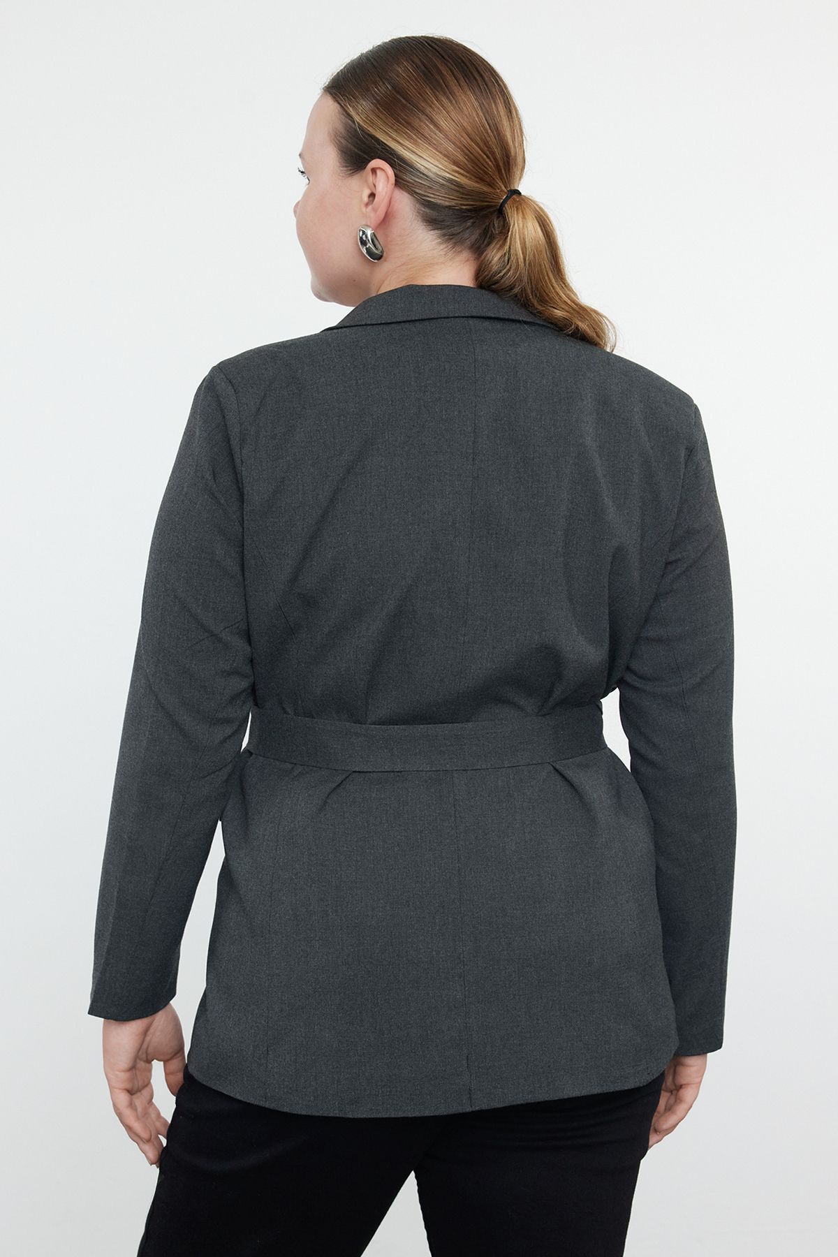 Trendyol Curve Premium Anthracite Double Breasted Closure Removable Belted Woven Jacket