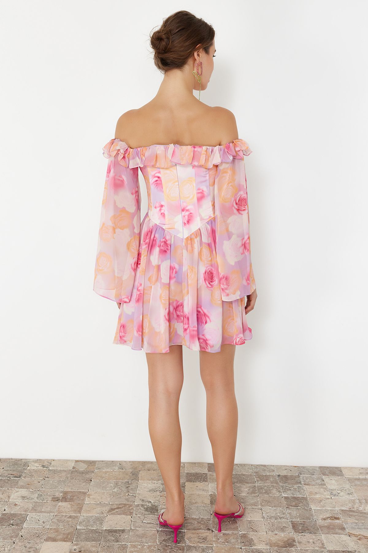 Trendyol Multicolored A-Line Lined Flounce Woven Chiffon Short Elegant Evening Dress