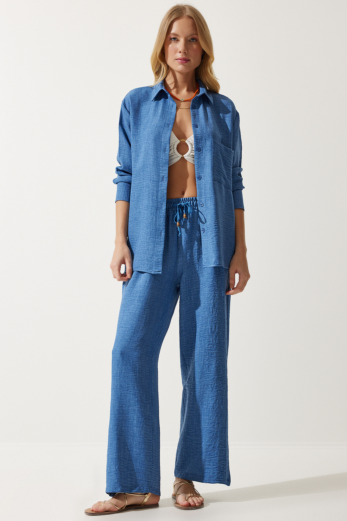 Happiness İstanbul Women's Indigo Blue Oversize Shirt Loose Trousers Suit