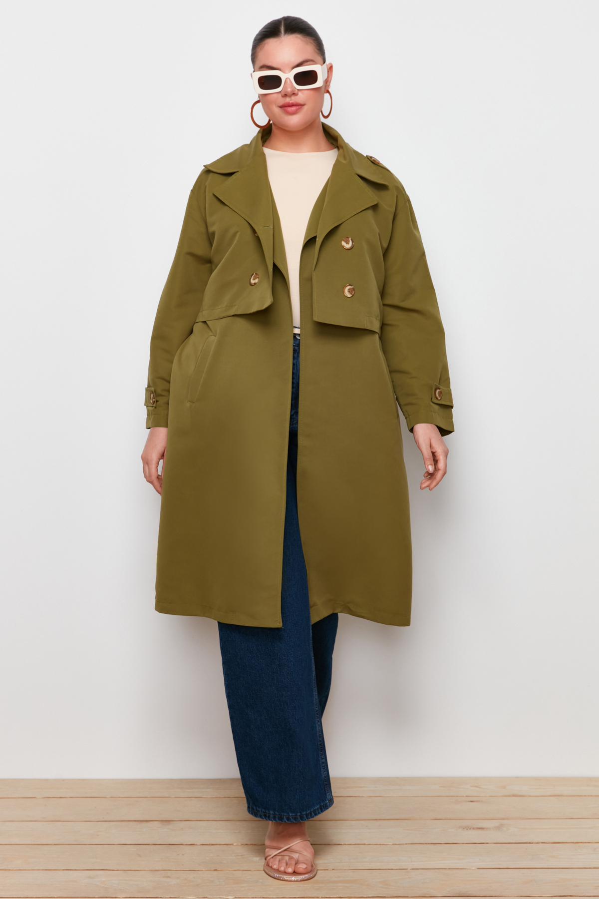 Trendyol Curve Khaki Long and Short Unlined Trench Coat that can be combined in 3 different ways