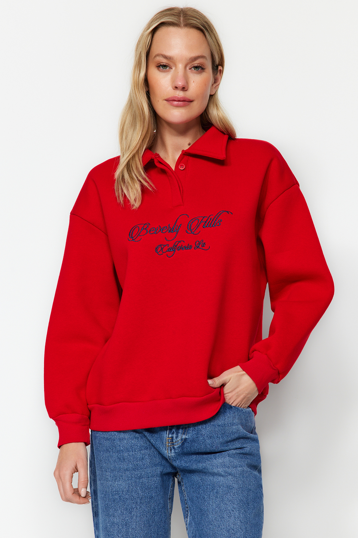 Trendyol Red Shirt Collar Embroidered Regular Fit Fleece Inside Knitted Sweatshirt