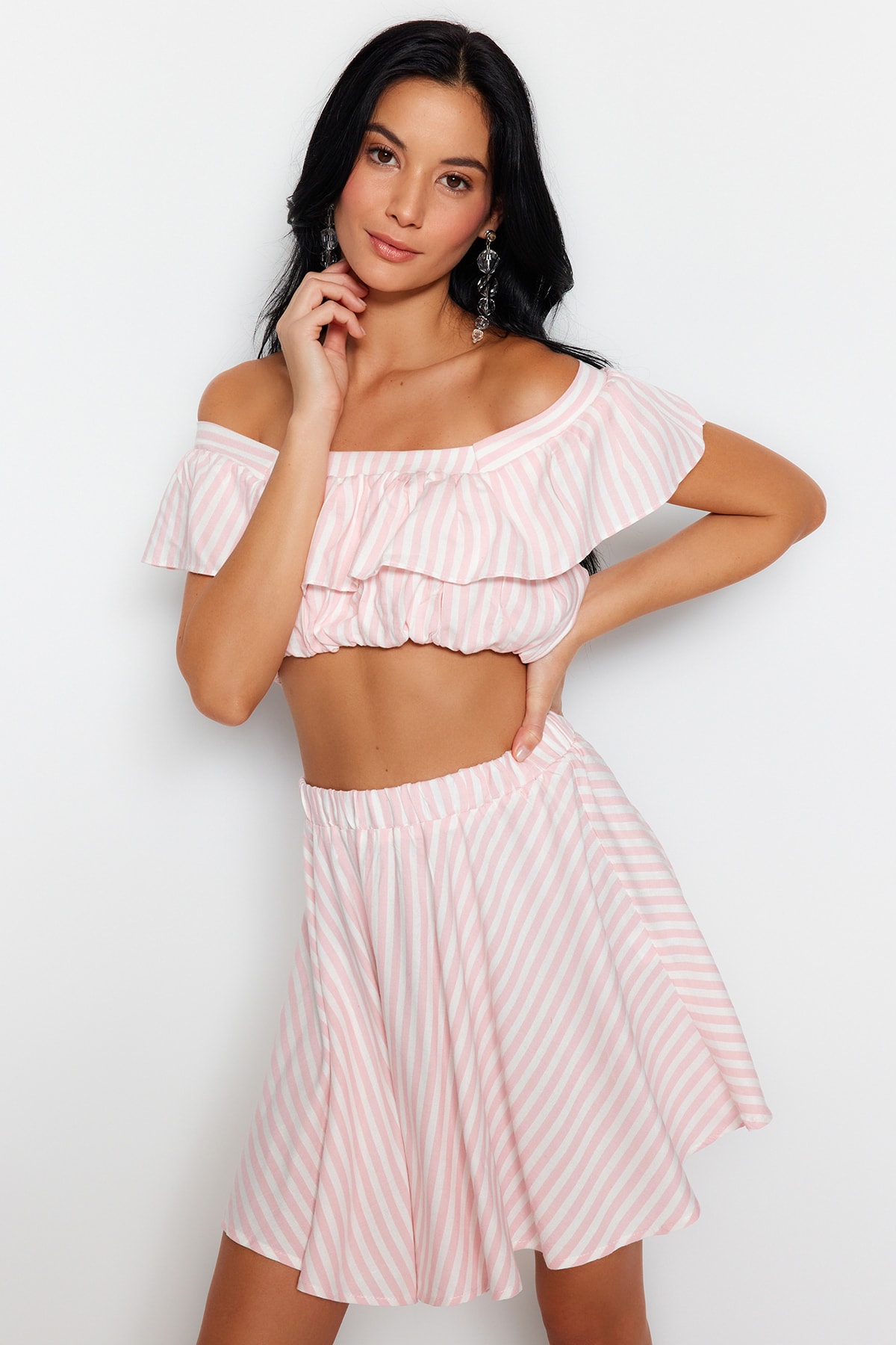 Trendyol Pink Woven Ruffle Blouse and Skirt Set