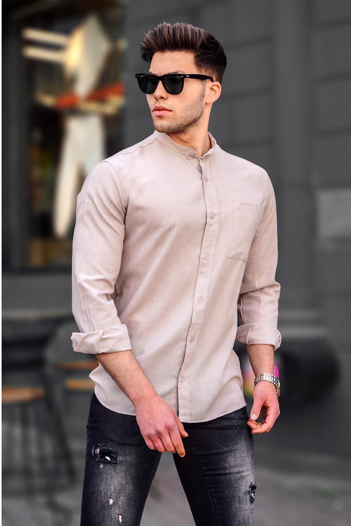 Madmext Men's Beige Linen Straight Long Sleeve Shirt 5548