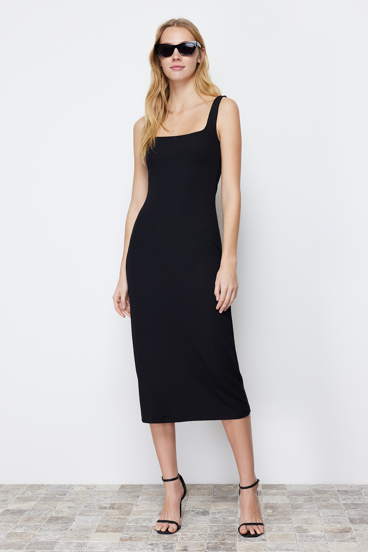 Trendyol Black Strap Square Neck Fitted Maxi Elastic Knitted Dress