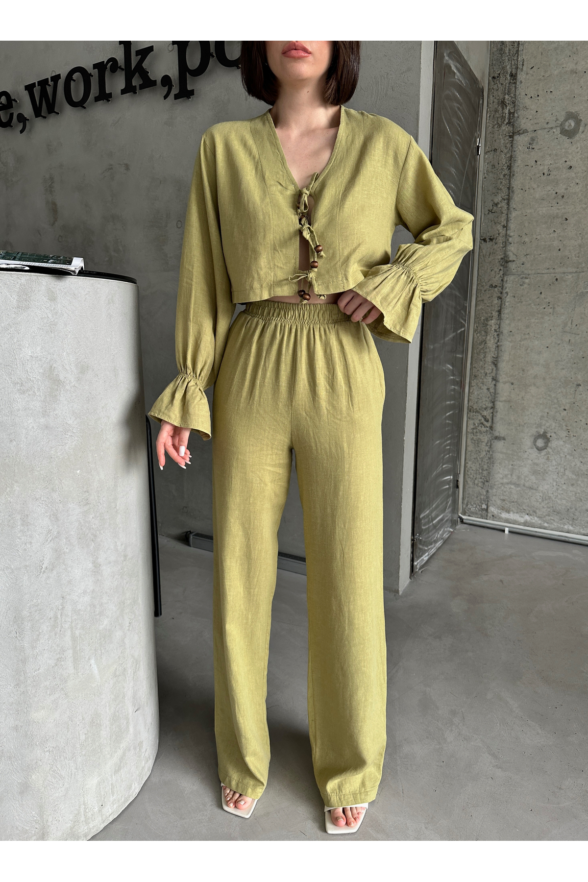 Laluvia Khaki Real Linen Design Suit