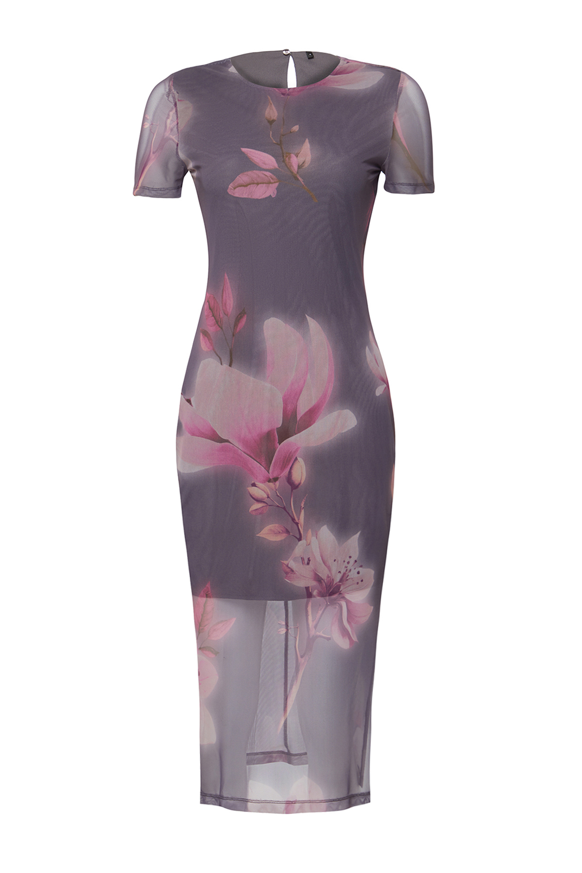 Trendyol Gray Floral Printed Midi Crew Neck Short Sleeve Stretchy Knitted Midi Pencil Dress