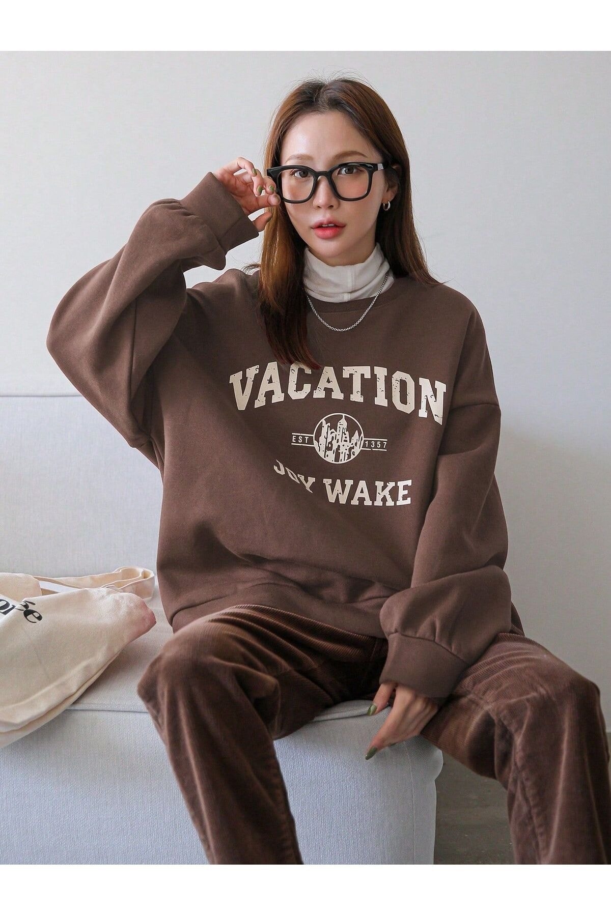 Know Women's Coffee Vacation Joy Wake Printed Oversized Crew Neck Sweatshirt.