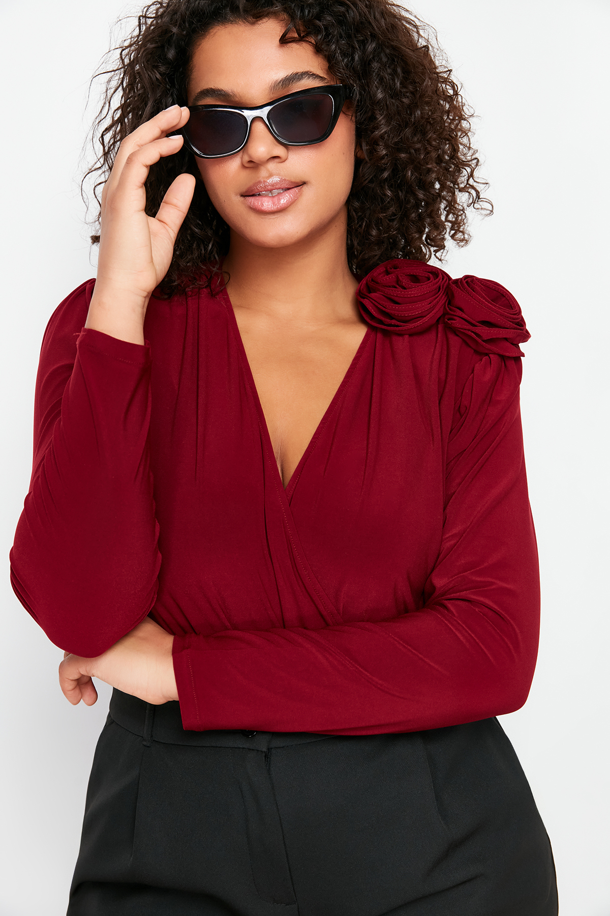 Trendyol Curve Claret Red Double Breasted Collar Accessory Body