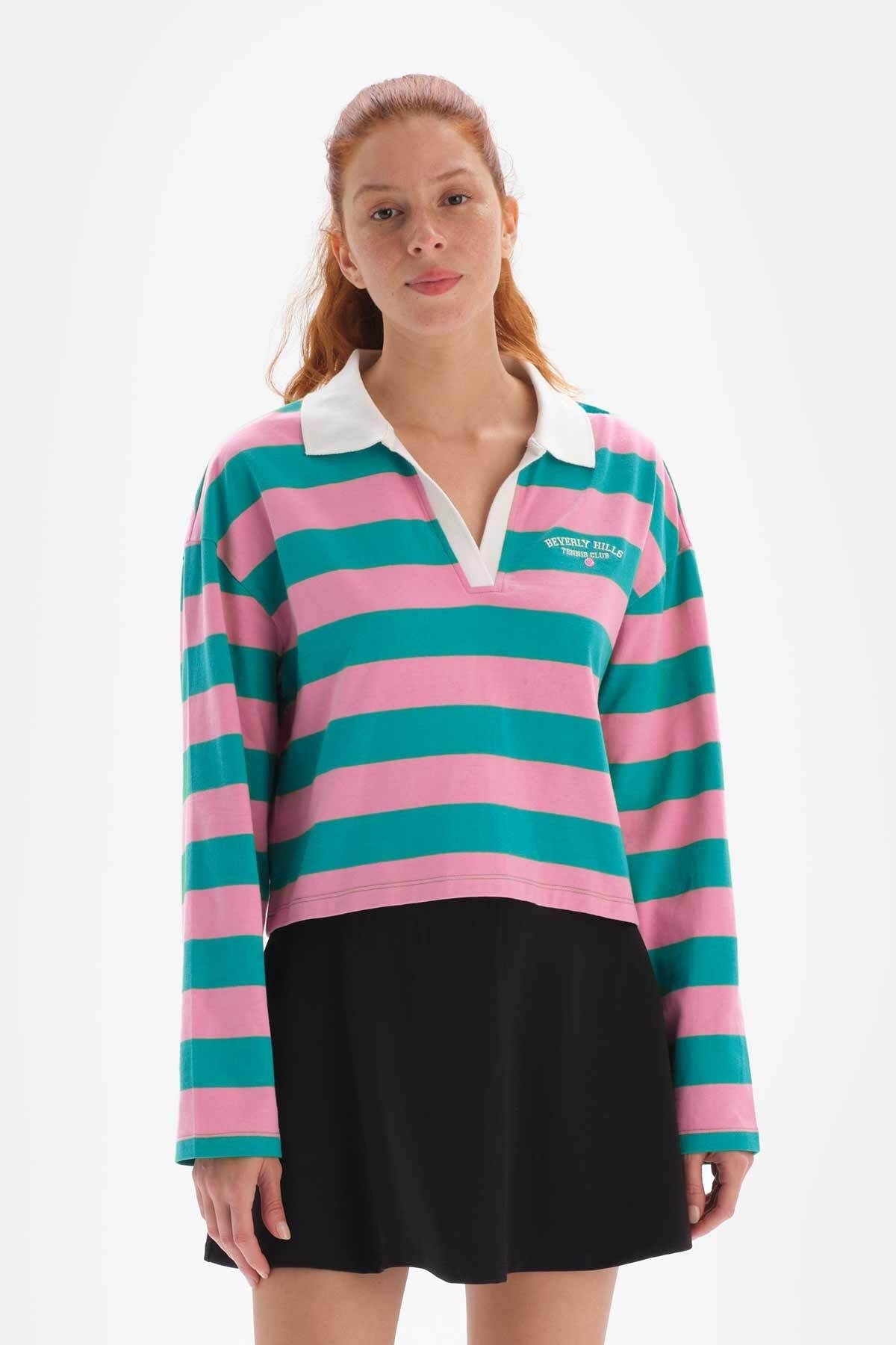 Dagi Women's Pink Sweatshirt with Collar Striped