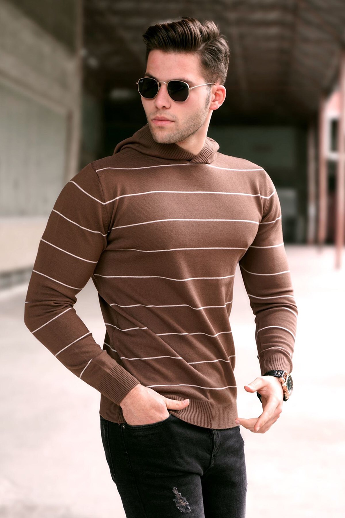 Madmext Men's Brown Hooded Sweater 5623
