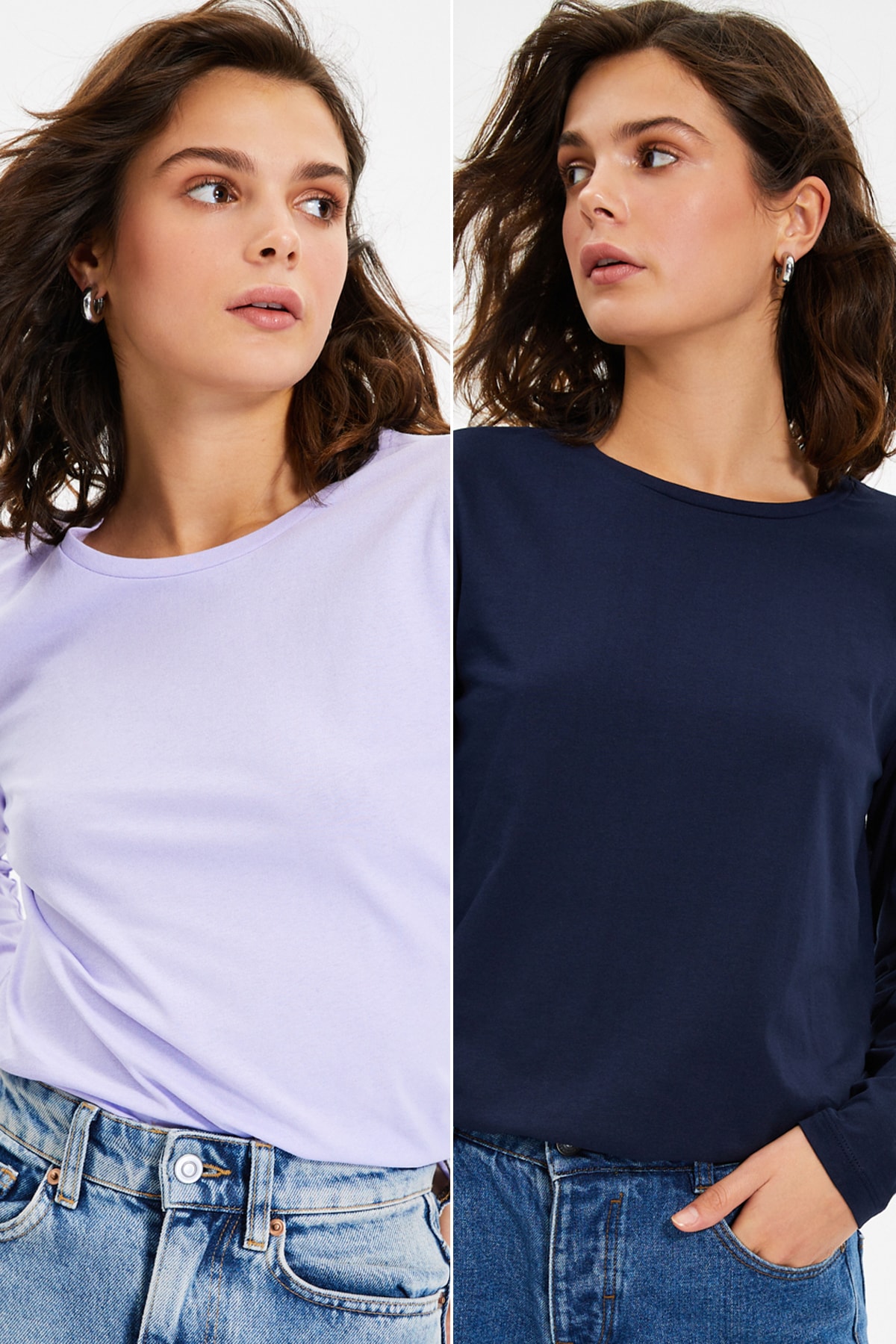 Trendyol Navy Blue-Lilac 100% Cotton 2-Pack Basic Crew Neck Knitted T-Shirt