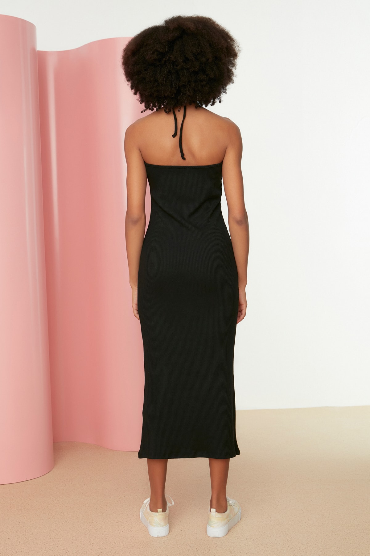 Trendyol Black Halterneck Stribed Fit, Rochie midi flexibilă din tricot