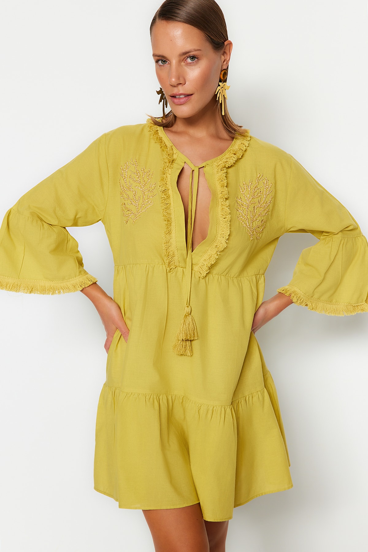 Trendyol Oil Green Mini Broderie țesută 100% rochie de plajă din bumbac