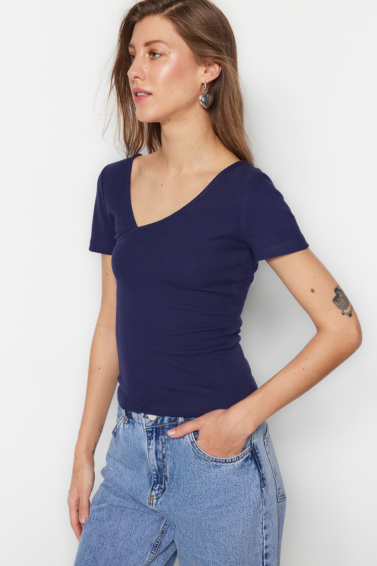 Trendyol Navy Blue Fitted/Slippery Knitted Blouse with Asymmetrical Collar, Ribbed Cotton