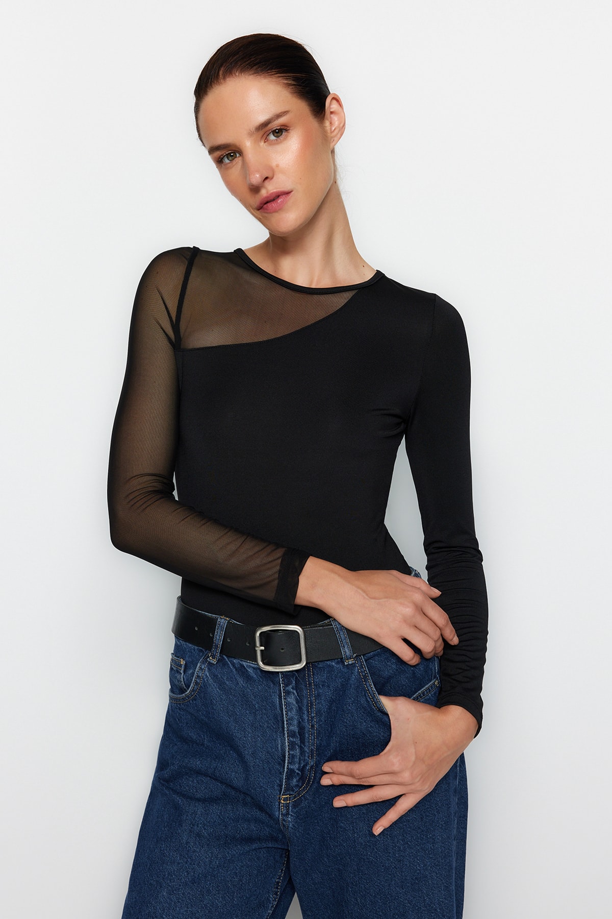 Trendyol Black Tulle Detail Snaps Elastic Knitted Bodysuit