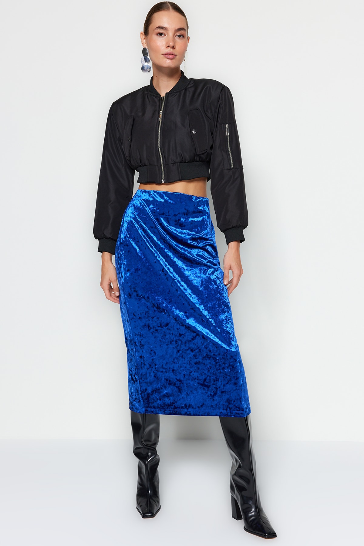 Levně Trendyol Navy Blue Velvet High Waist Pencil Midi Knitted Skirt