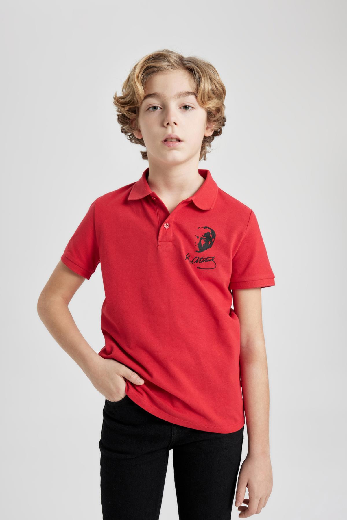 DEFACTO Boy's Pique Short Sleeve Atatürk Printed Polo Red T-Shirt