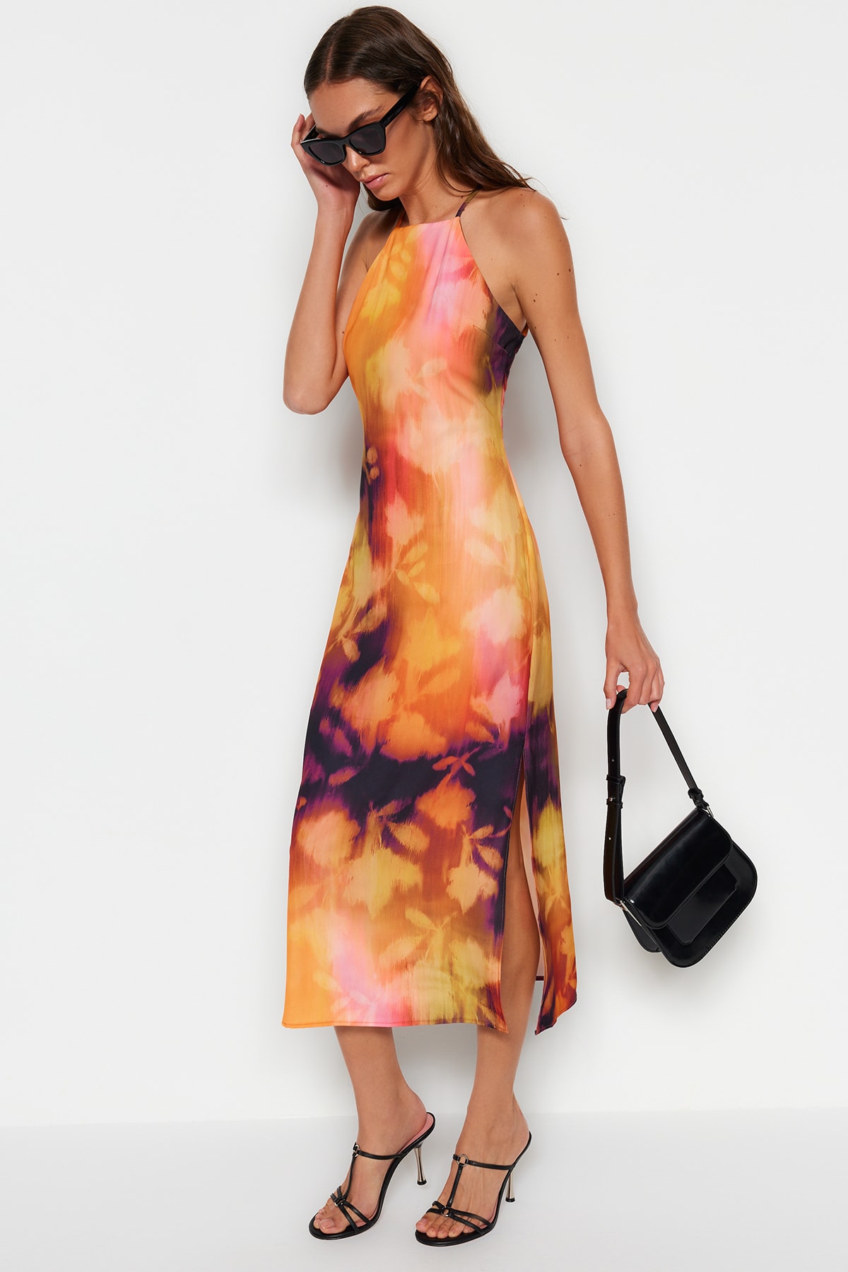 Trendyol Orange Floral Print Straight Cut Halter Neck Midi Satin Lined Woven Dress