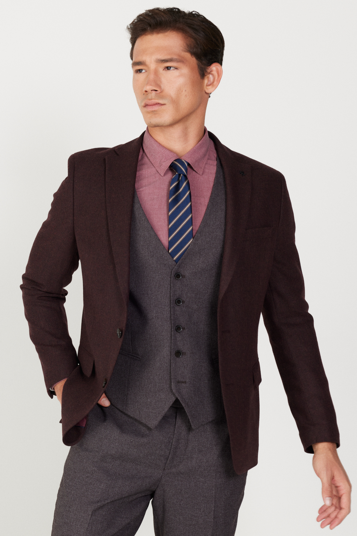 ALTINYILDIZ CLASSICS Men's Burgundy-Grey Slim Fit Slim Fit Mono Collar Patterned Vest Suit