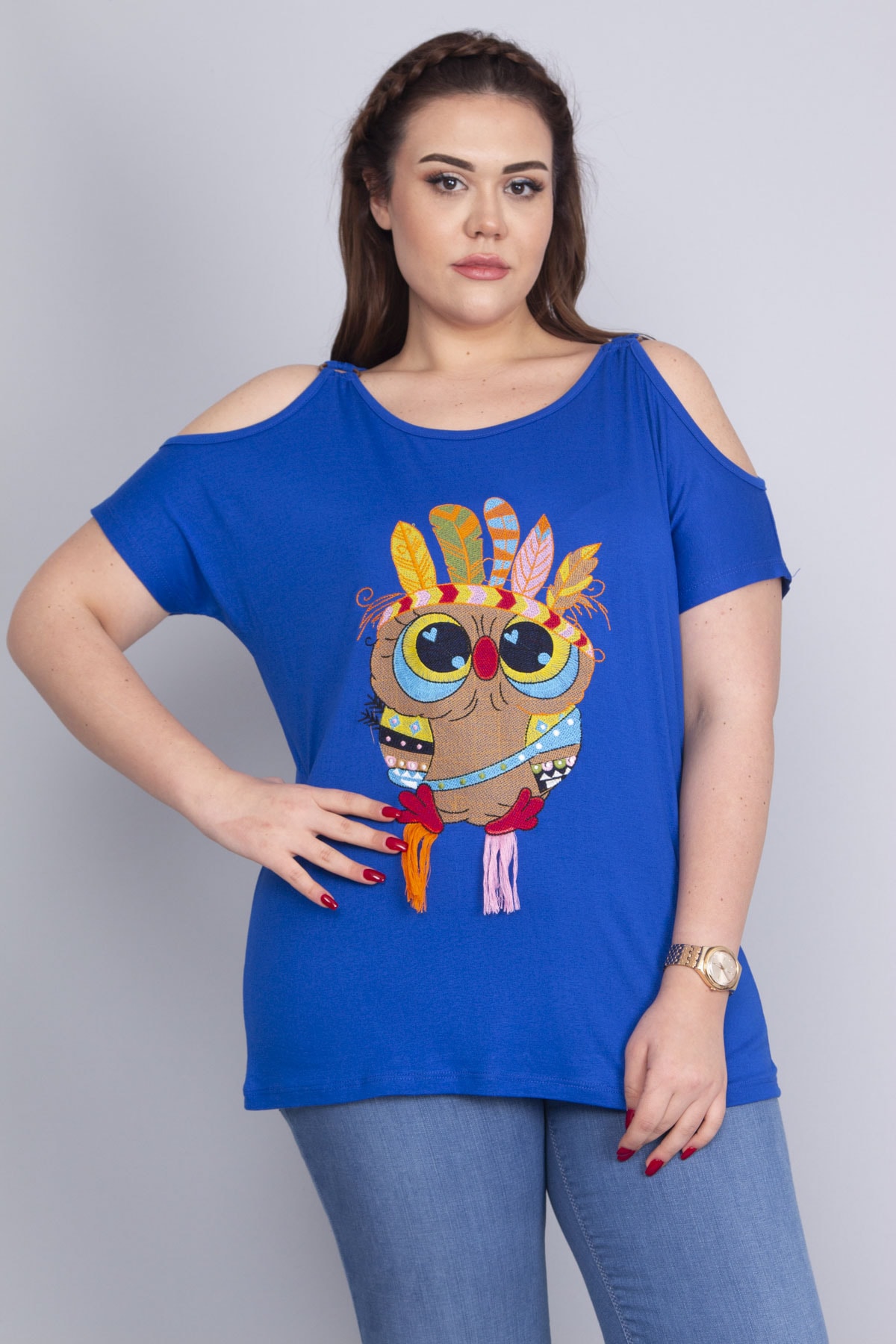 Levně Şans Women's Plus Size Saks Front Embroidery Detailed Off-the-Shoulder Off-the-Shoulder Blouse