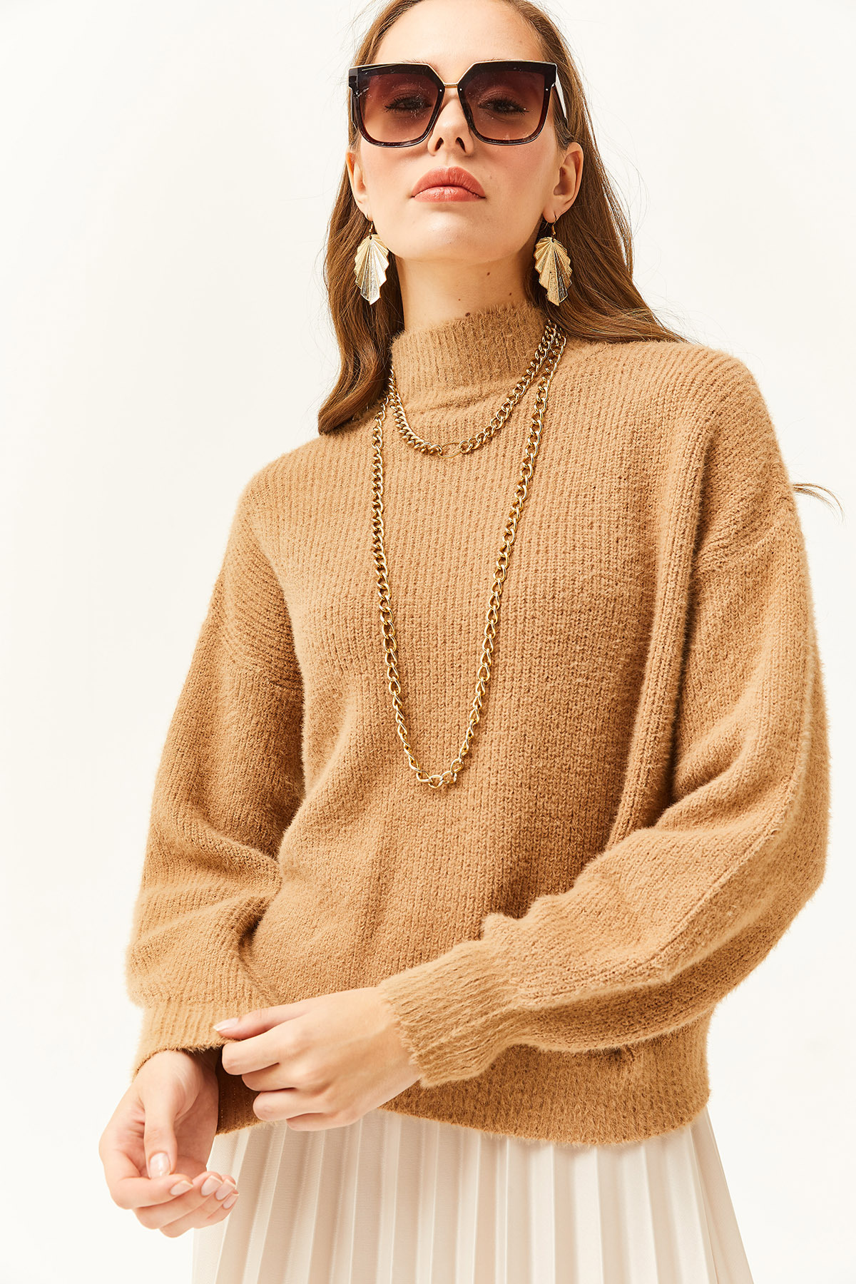 Levně Olalook Women's Biscuit Half Turtleneck Soft Textured Bearded Knitwear Sweater