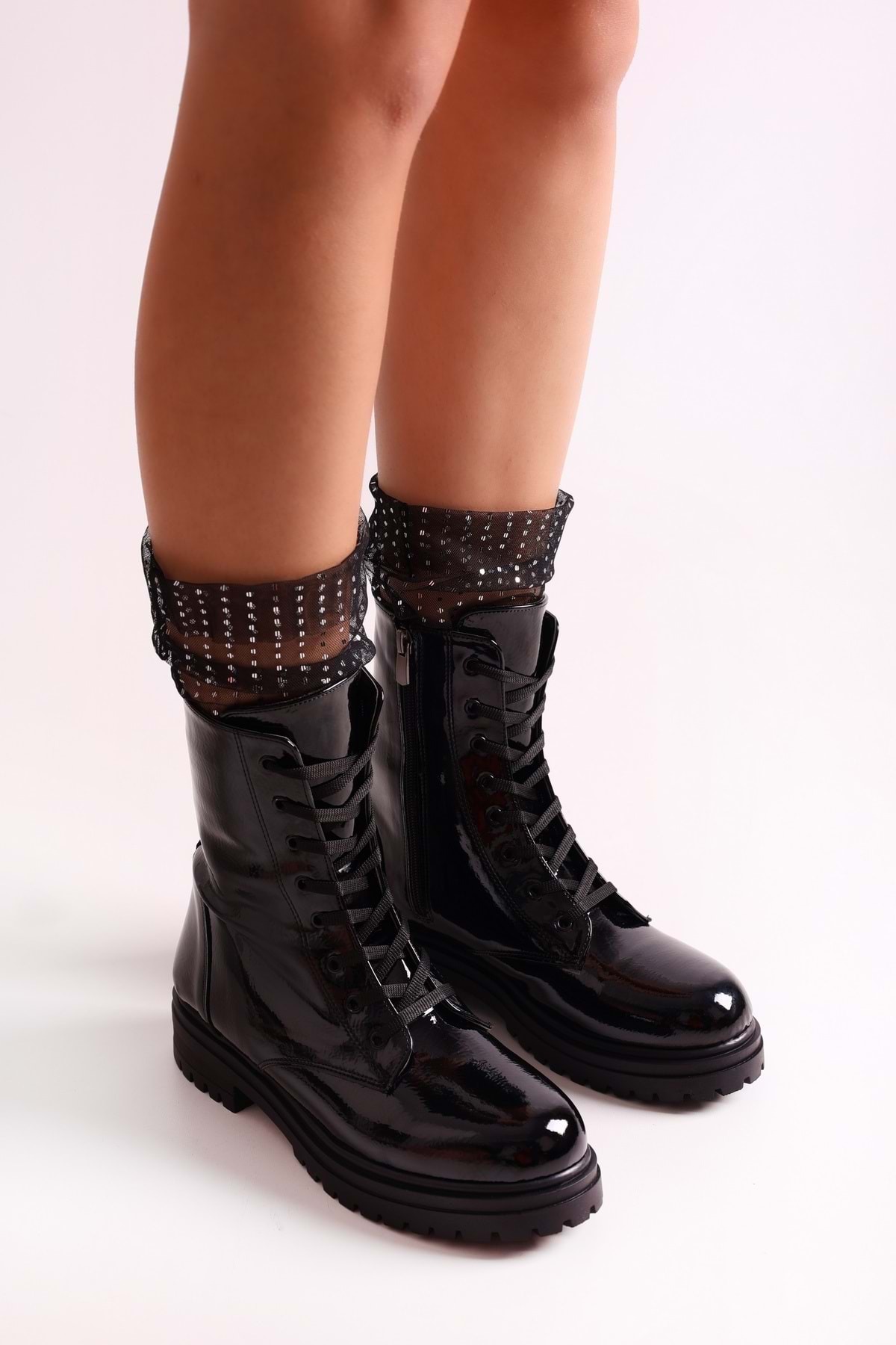 Levně Shoeberry Women's Aleah Black Patent Leather Boots Boots Black Patent Leather.