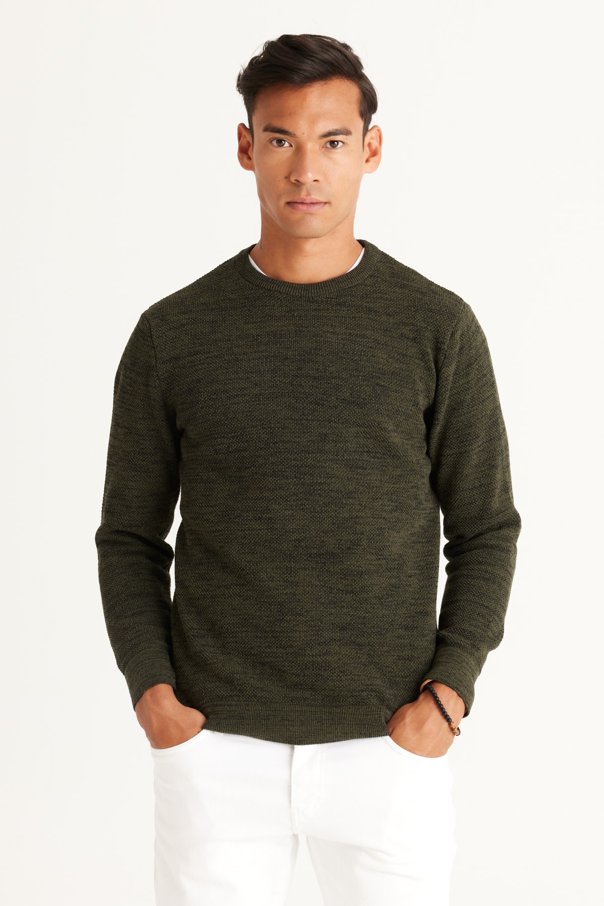 AC&Co / Altınyıldız Classics Men's Khaki-black Standard Fit Regular Fit Crew Neck Patterned Knitwear Sweater