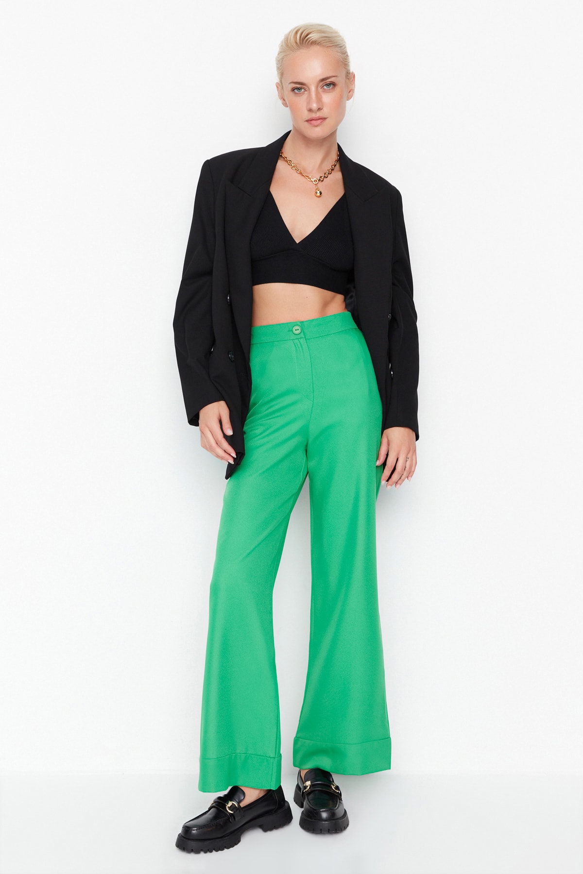 Trendyol Green Wide Leg Weave High Waist Trousers