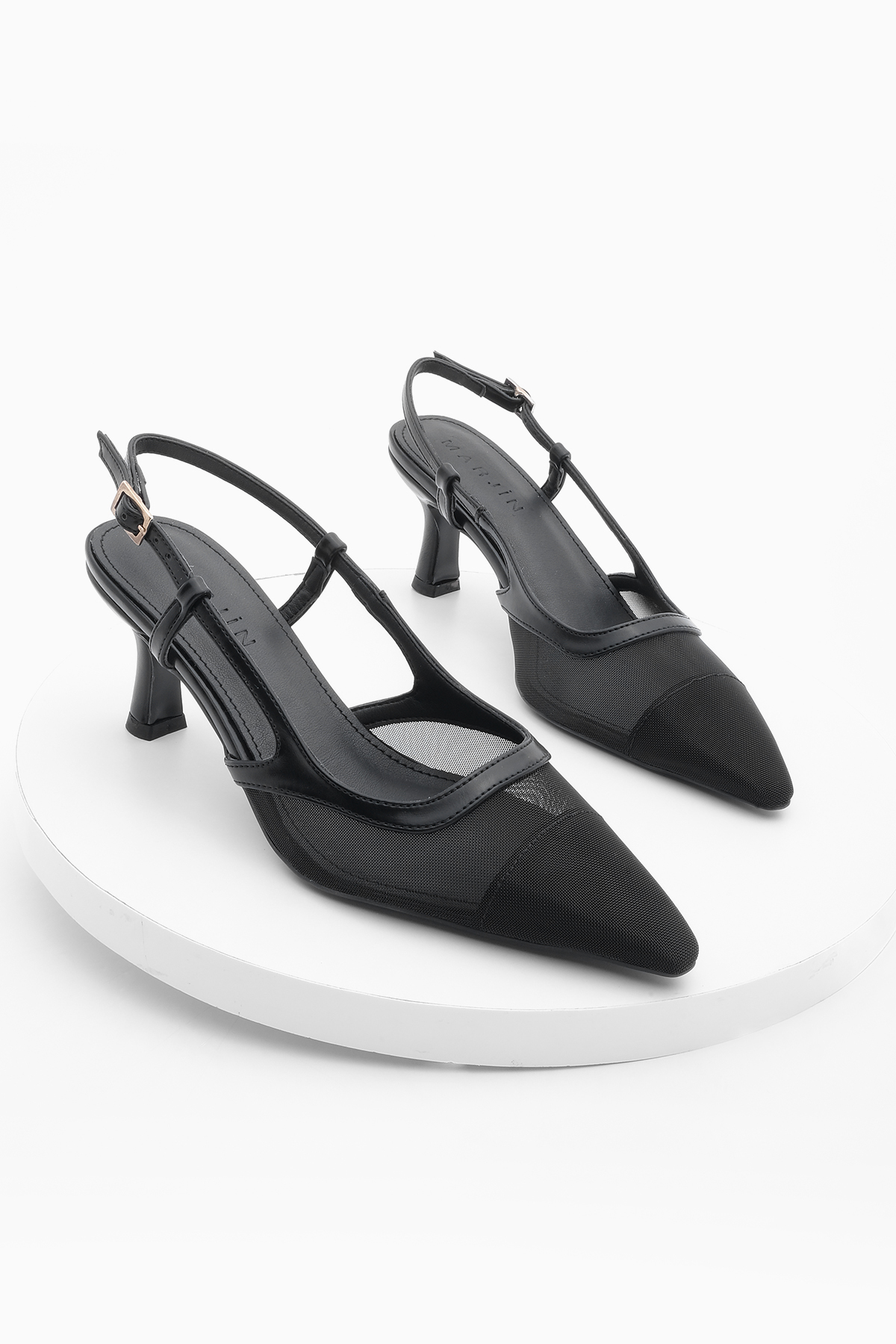 Levně Marjin Women's Pointed Toe Open Back Mesh Classic Heel Shoes Bevon Black