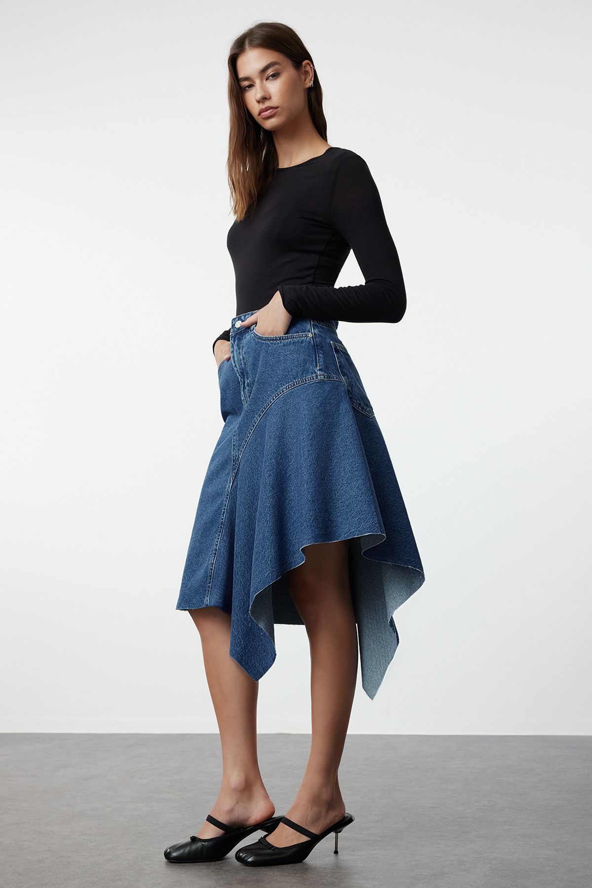 Trendyol Blue Stitch Detailed Asymmetric High Waist Midi Denim Skirt