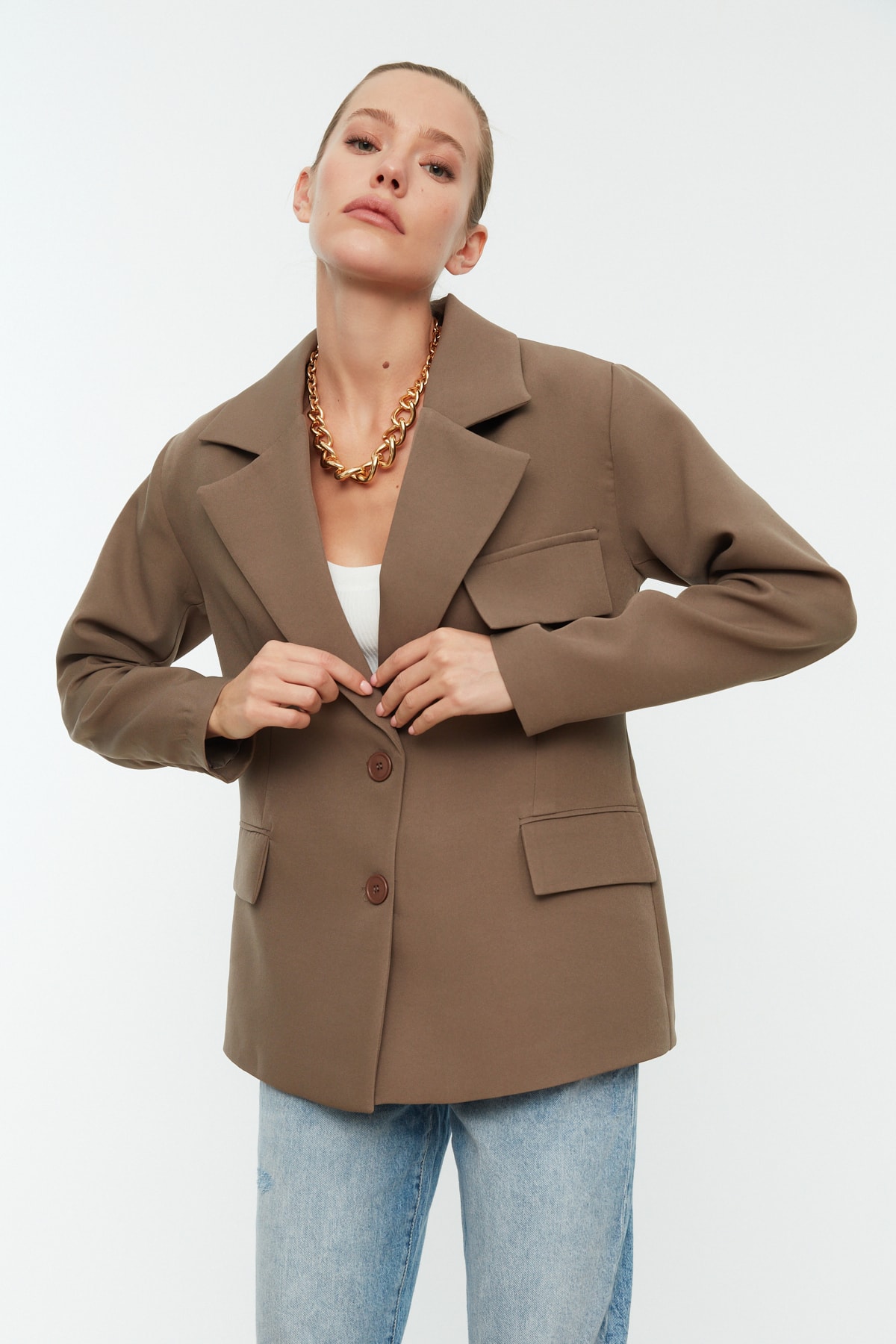 Levně Trendyol Mink Oversize Lined Double Breasted Closure Woven Blazer Jacket