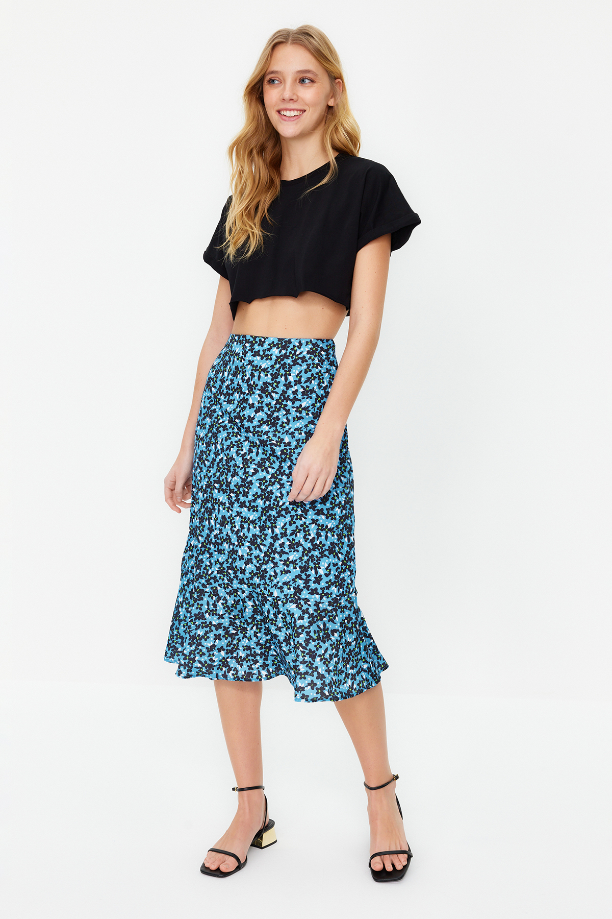 Levně Trendyol Blue Flounce Viscose Fabric Animal Patterned Midi Woven Skirt