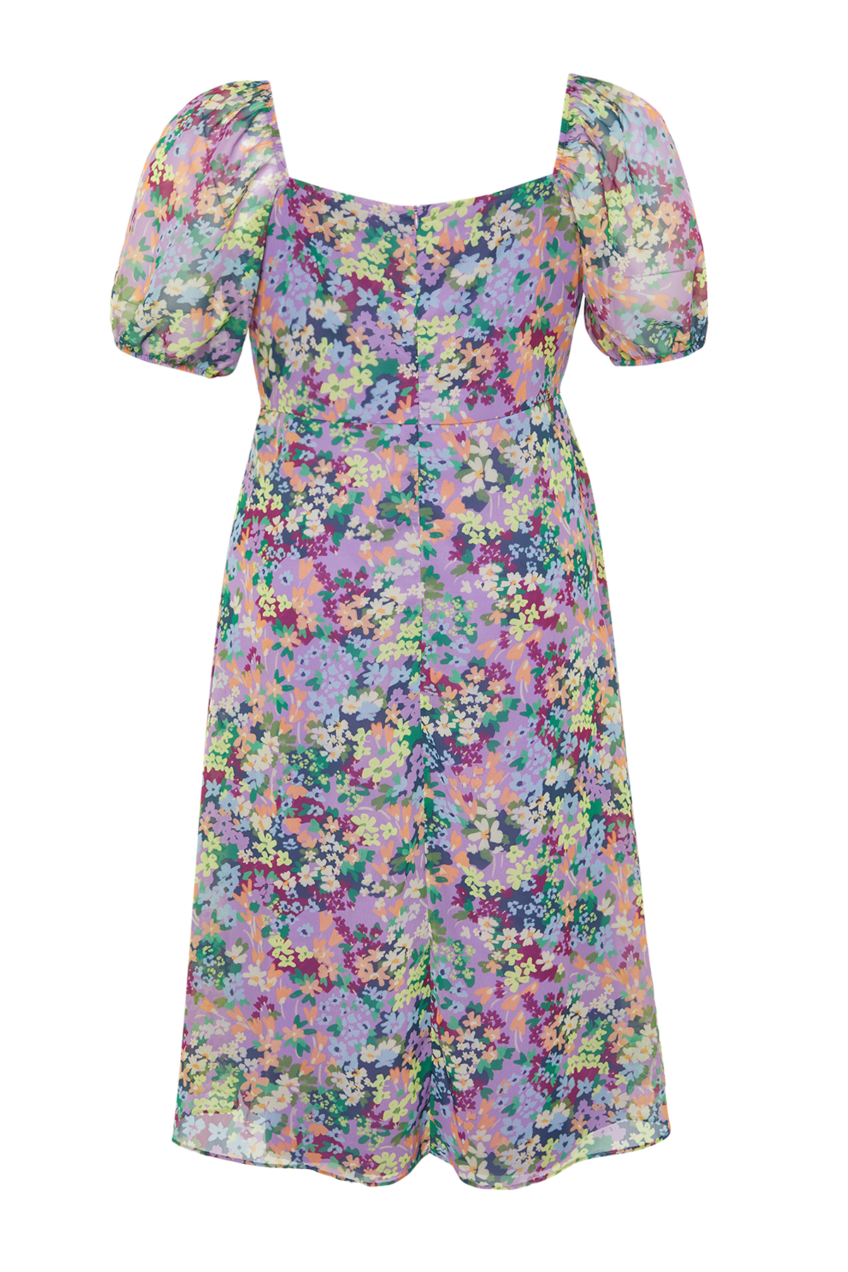 Trendyol Curve Pink Lined Chiffon Floral Square Neck Balloon Sleeve Woven Plus Size Dress