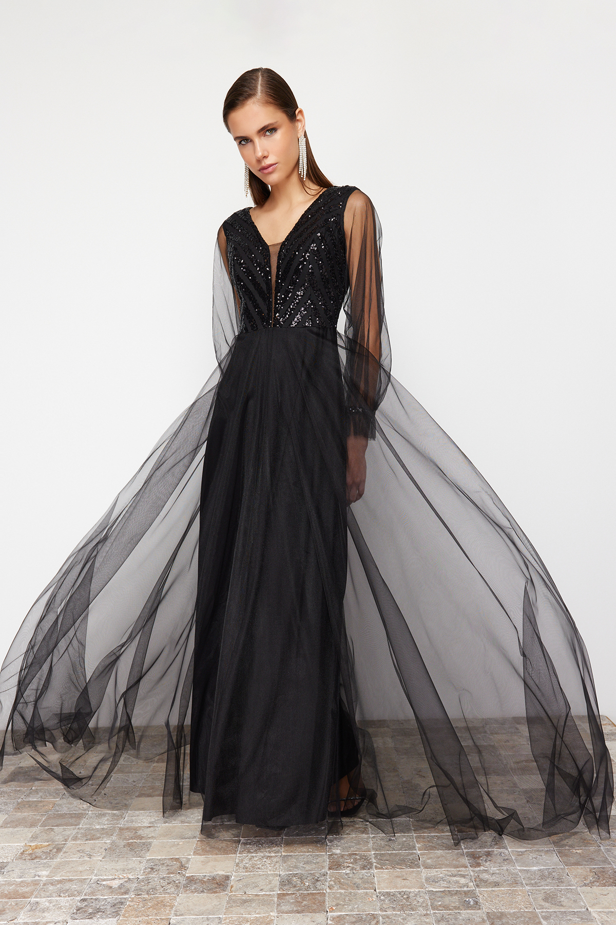 Trendyol Black Sequin Sequin Detailed Tulle Long Evening Dress