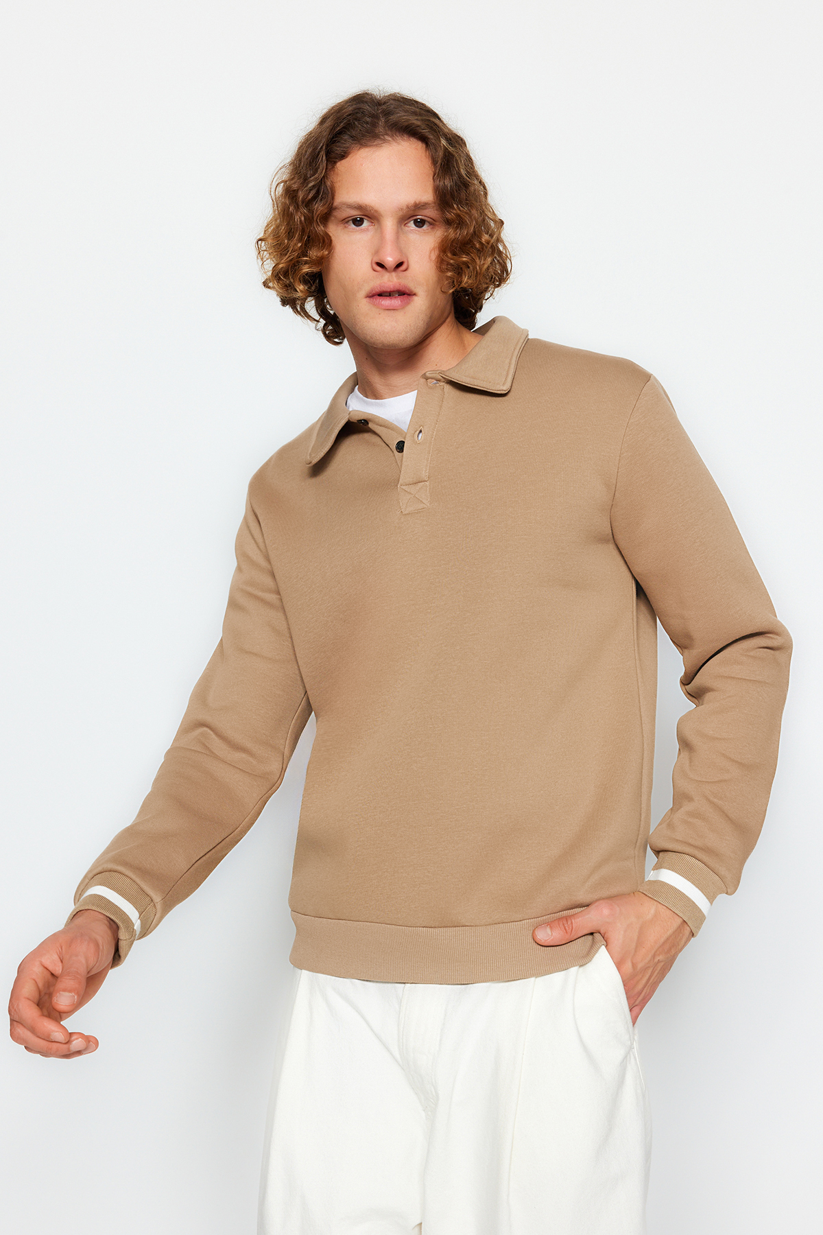 Trendyol Mink Oversize/Wide-Fit Buttoned Polo Neck Fleece Inner Sweatshirt