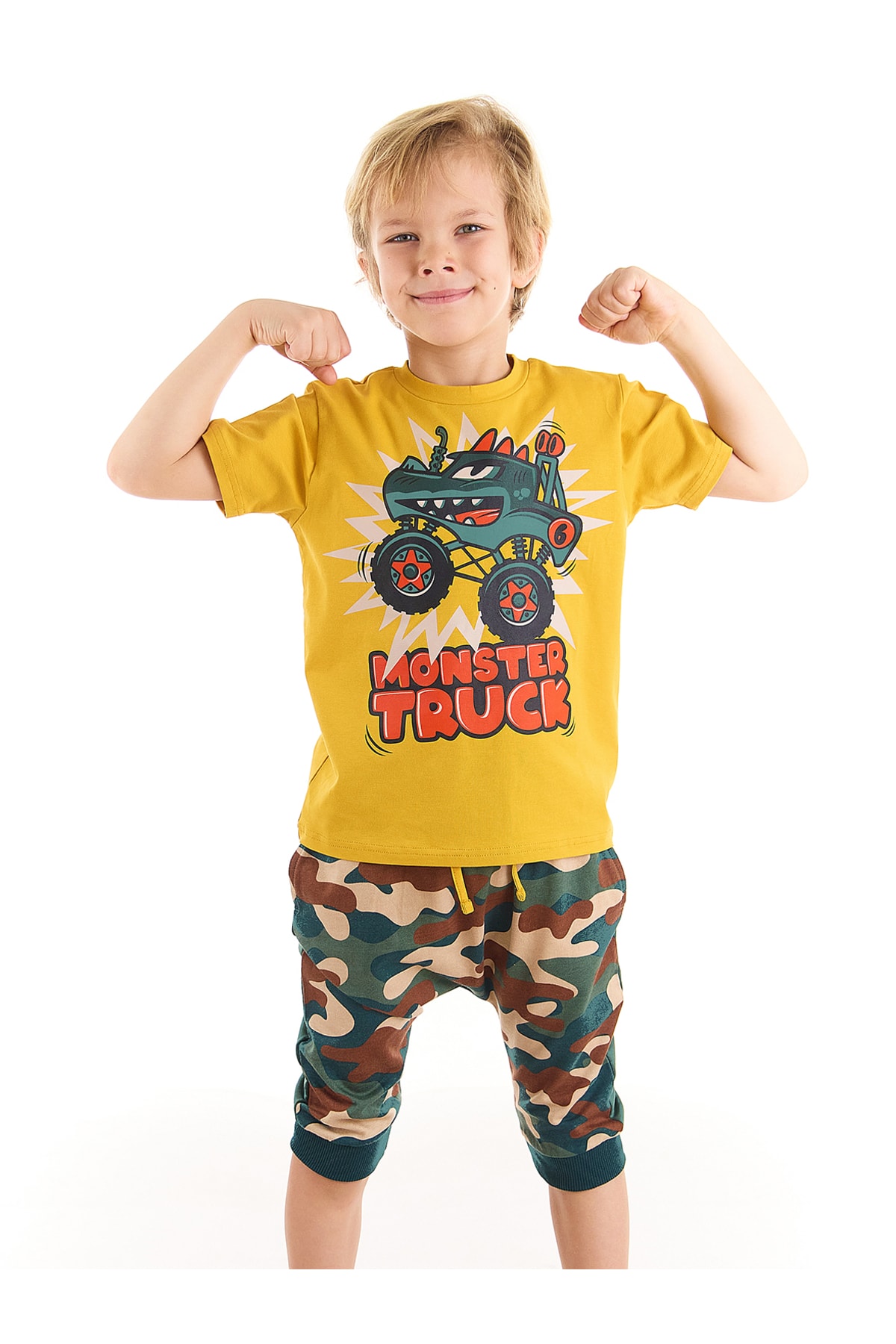 Levně Denokids Monster Truck Boys T-shirt Capri Shorts Set