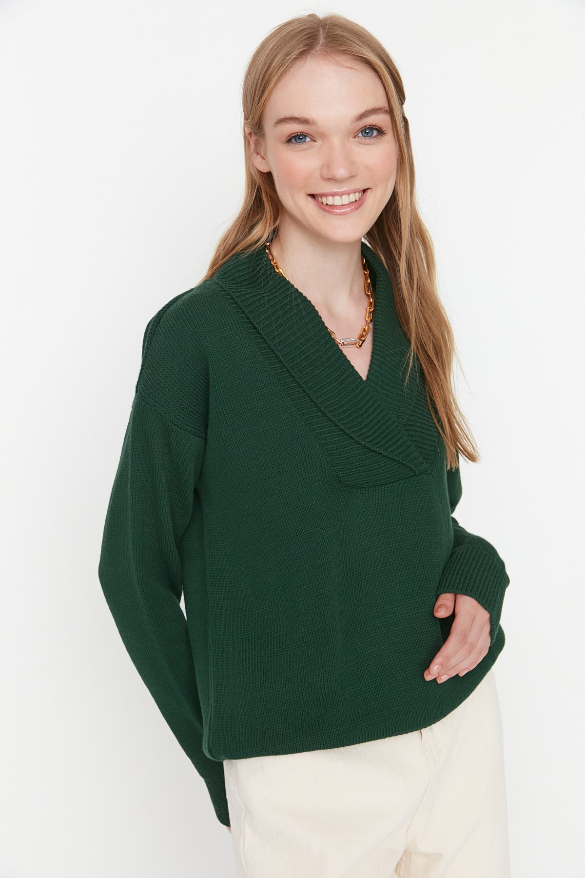 Trendyol Emerald Green Collar Detailed Knitwear Sweater